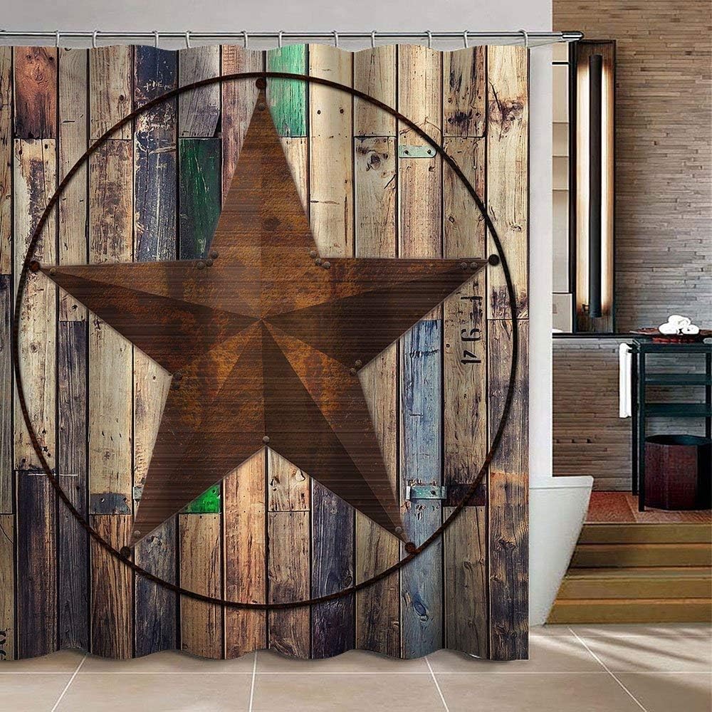 Uphome Rustic Shower Curtain Fabric Brown Vintage Farmhouse Shower Curtain Set with Hooks Western Texas Barn Star Bathroom Curtain Heavy Duty(60" W x 72" H)