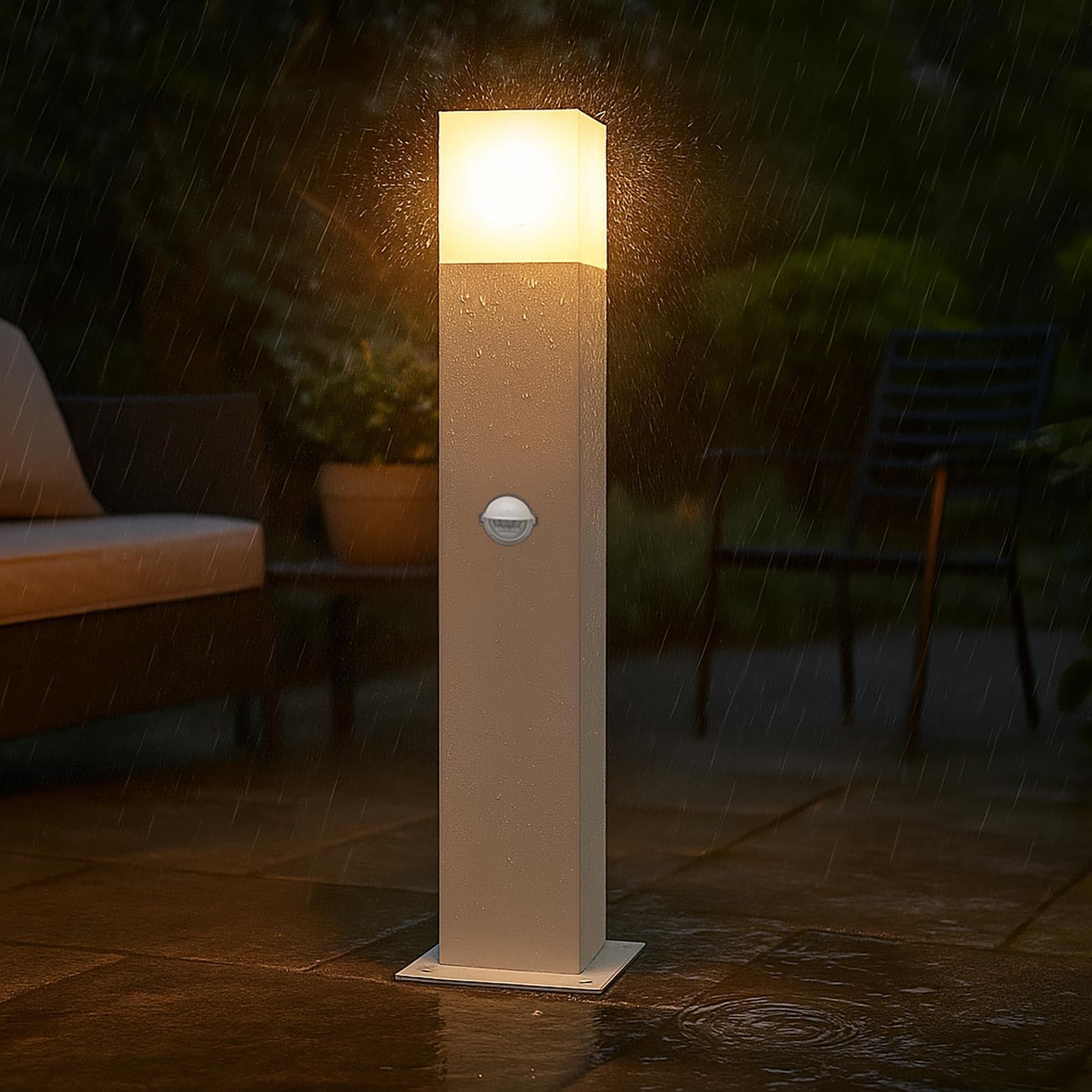 Planetitaly Lampione LED E27 da Giardino con Sensore Movimento Crepuscolare Lampioncino IP44 Luce Garage, Area Parcheggio, Ingresso, Passaggio Pedonale, 44cm Alimentazione 230V (Bianco, Con sensore)