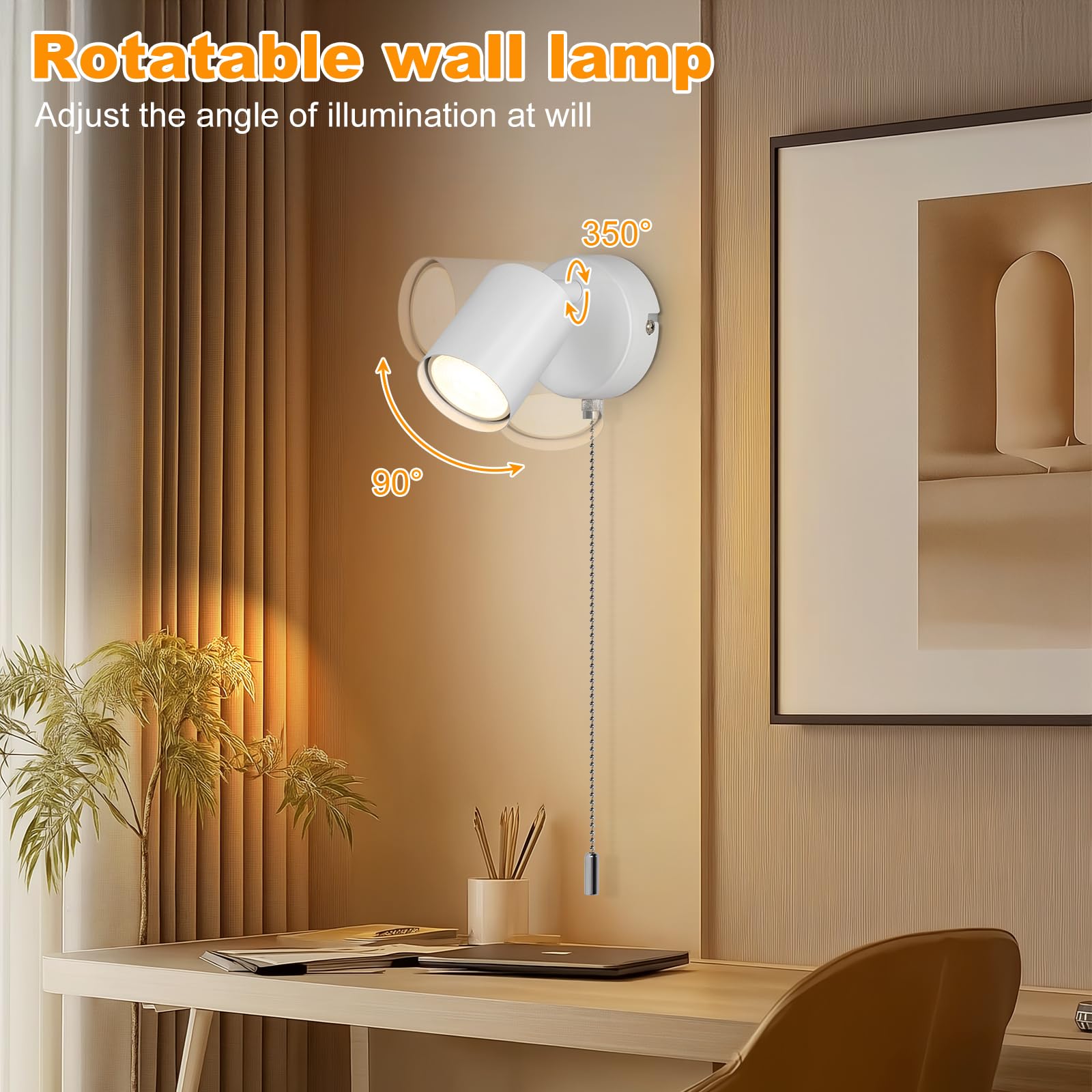 Ketom Adjustable Wall Light with Pull Cord Switch, GU10 Modern Wall Sconce Lights White, Wall Spotlight Fixtures - Image 3