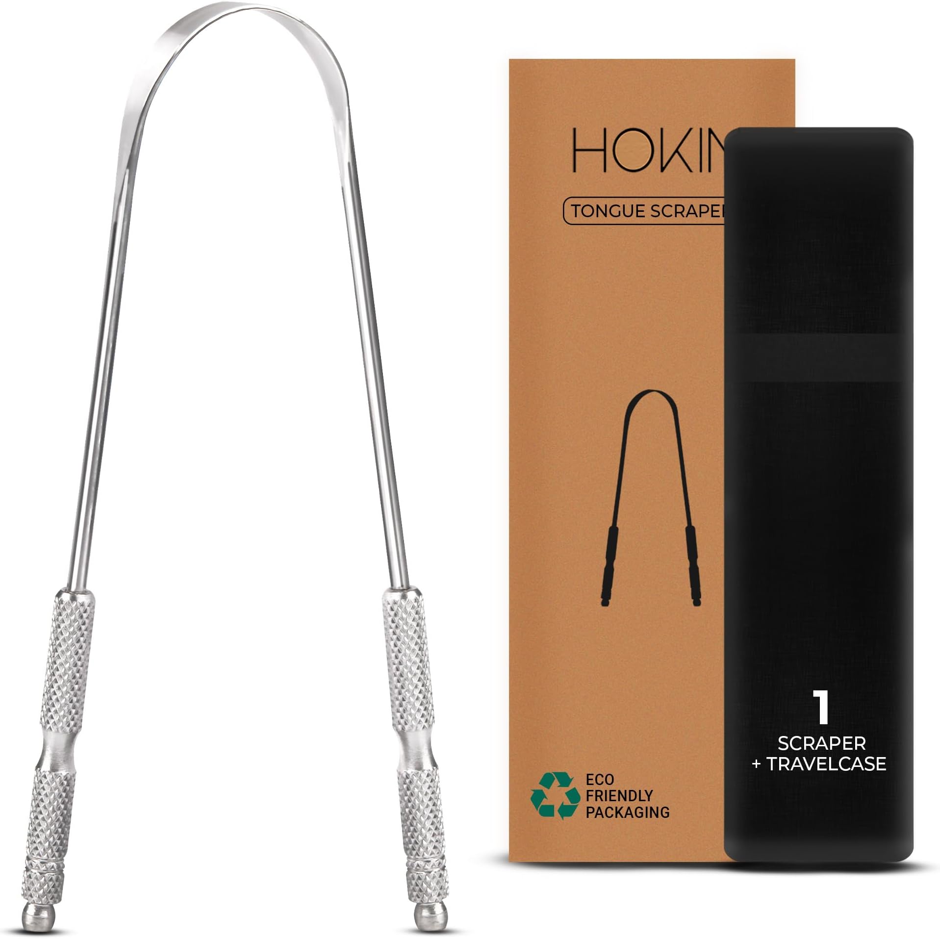 Tongue Scraper for Adults by HOKIN (1Pc Oral Care Pack) Stainless Steel Tongue Cleaners Reduce Bad Breath 100% Metal Tough Scrapers Men and Women Hygiene