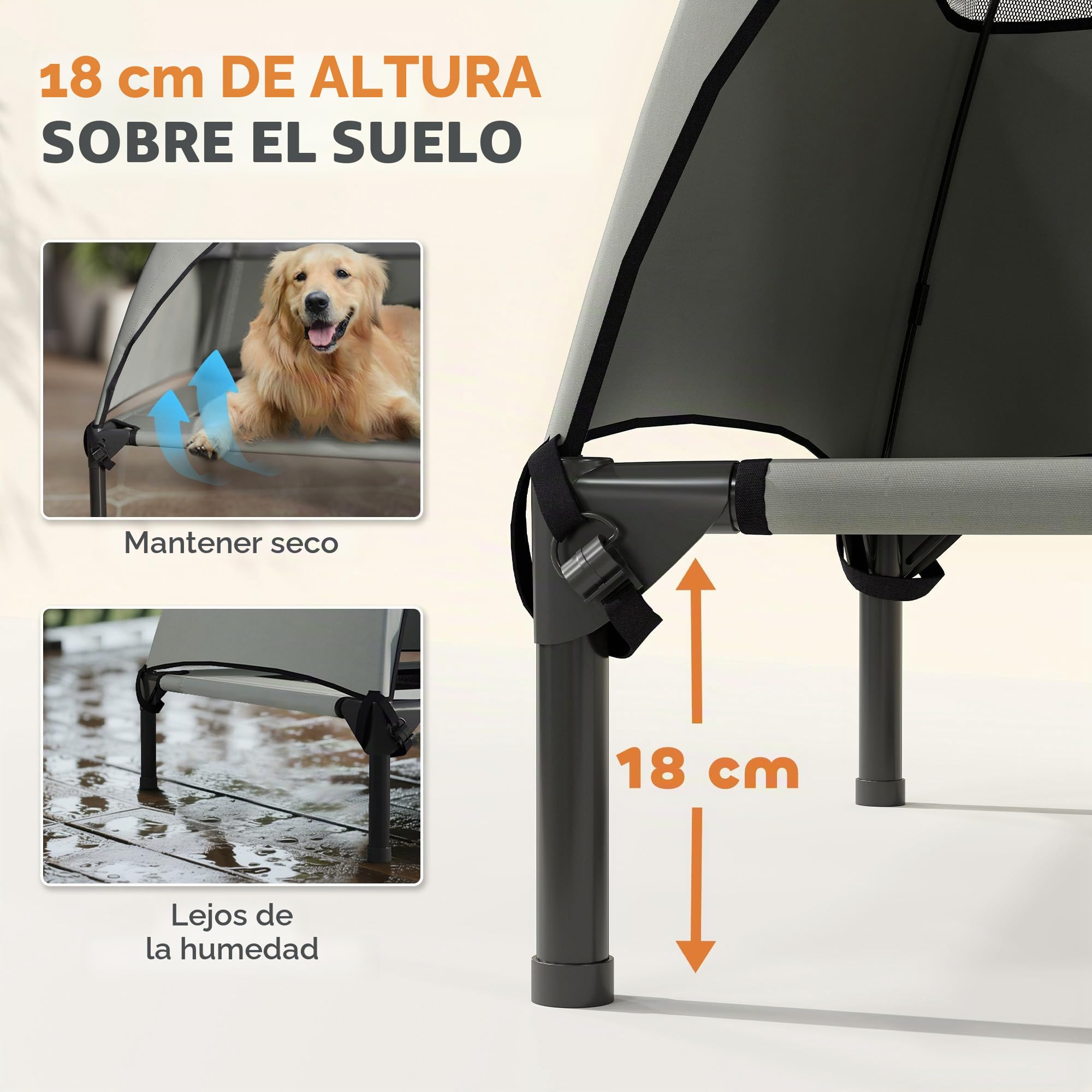 PawHut Tumbona para perros para exteriores con techo, cama elevada para perros grandes, cama para mascotas con marco de acero de malla lavable, bolsa de transporte, cama para mascotas para exteriores