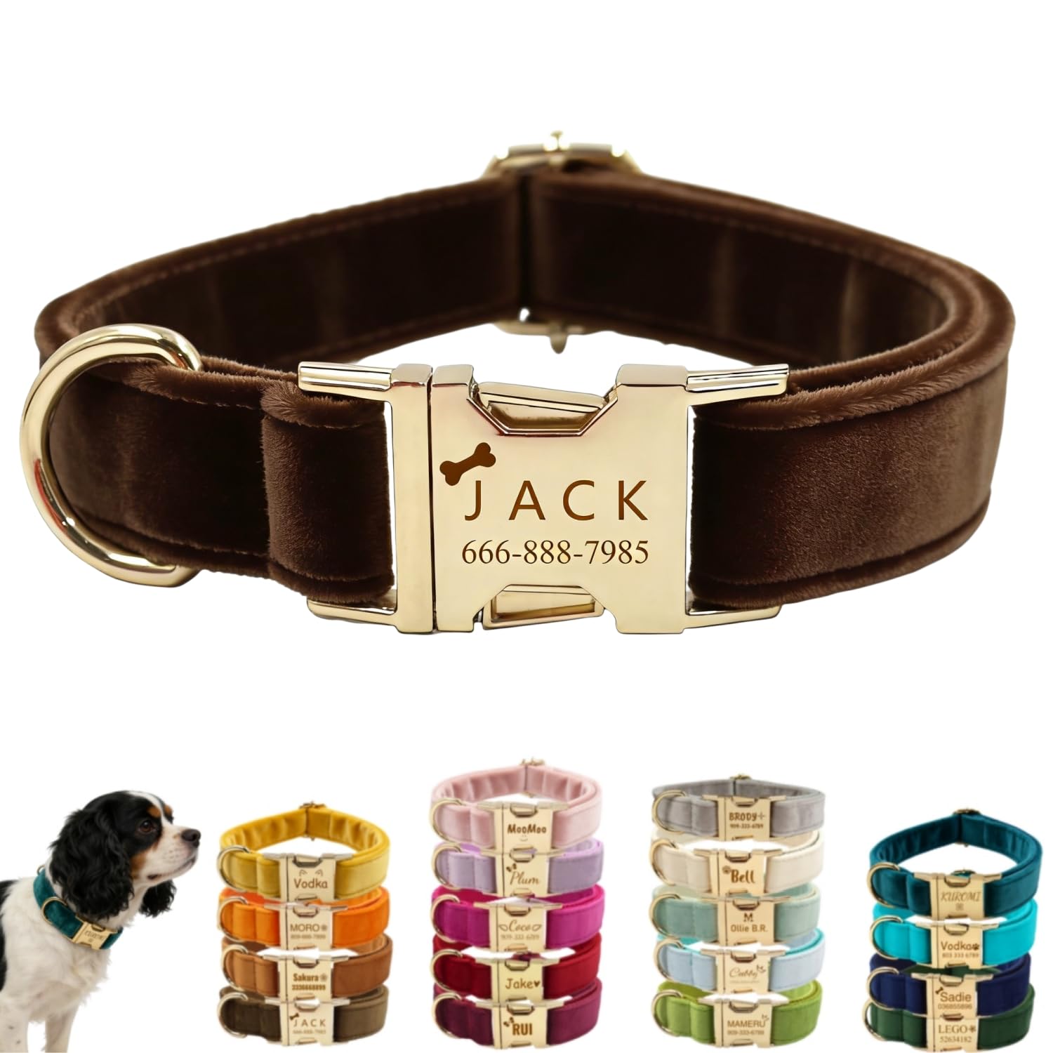 Personalised Velvet Dog Collar with Engraved Name & Phone Number, Luxury Double-Sided Soft Plush Pet Collar for Small Medium Large Dogs & Cats, Adjustable ID Collar with Gold Metal Buckle
