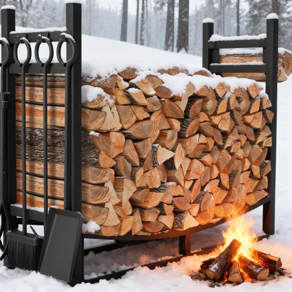 Amagabeli XXL Kaminholzregal mit 4 Kaminwerkzeug 90cmx78cmx33cm Großes breites Brennholzregal Kaminwerkzeugregal für Innen Außen Anzündholzhalter Holzlager Ständer Werkzeuge Herdzubehör Schwarz