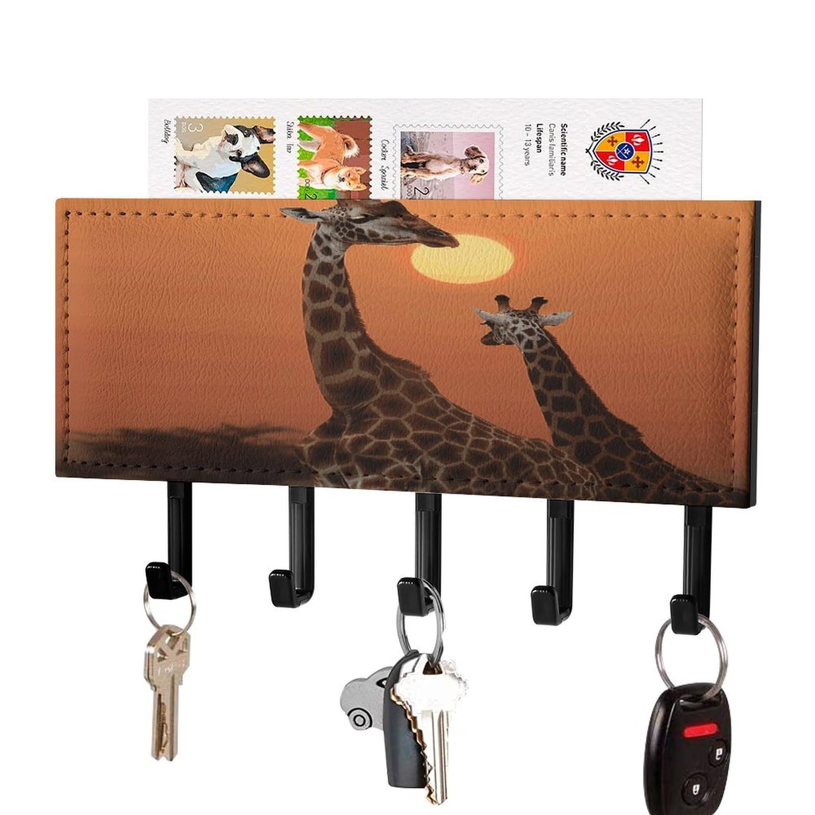 FekiLoot Giraffe at Sunset Key Holder Wall Mount Key and Mail Holder Key Hanger with 5 Hooks Decorative PU Key Rack Hanging Key Hooks for Wall Living Room Kitchen Bathroom Hallway Black-Style