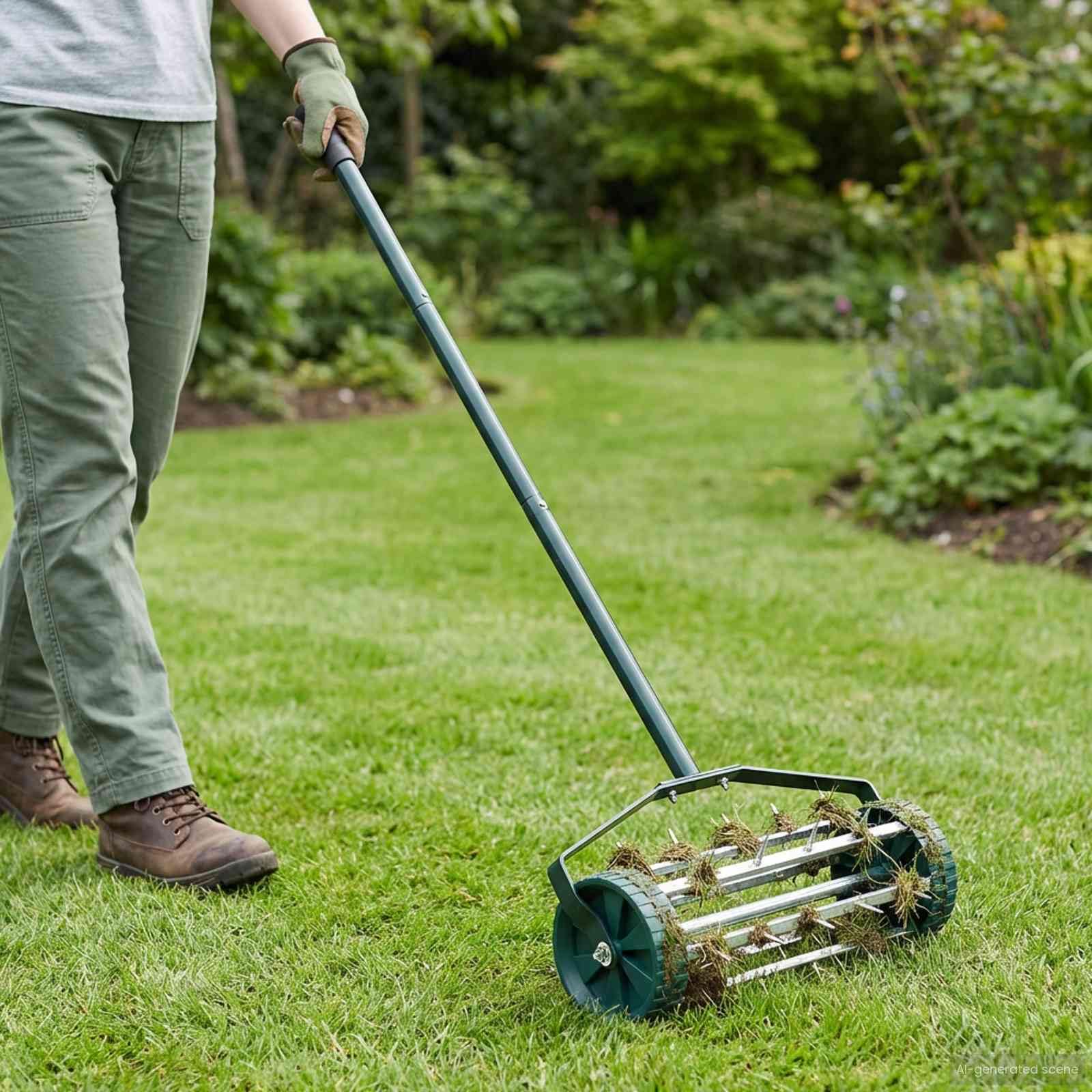 Mangloder - Rodillo de aire para césped con garras de ventilación de acero, 127,5 x 44 cm, manual para arrastrar y cuidar el jardín, mejora la ventilación del suelo y el contacto con las raíces en