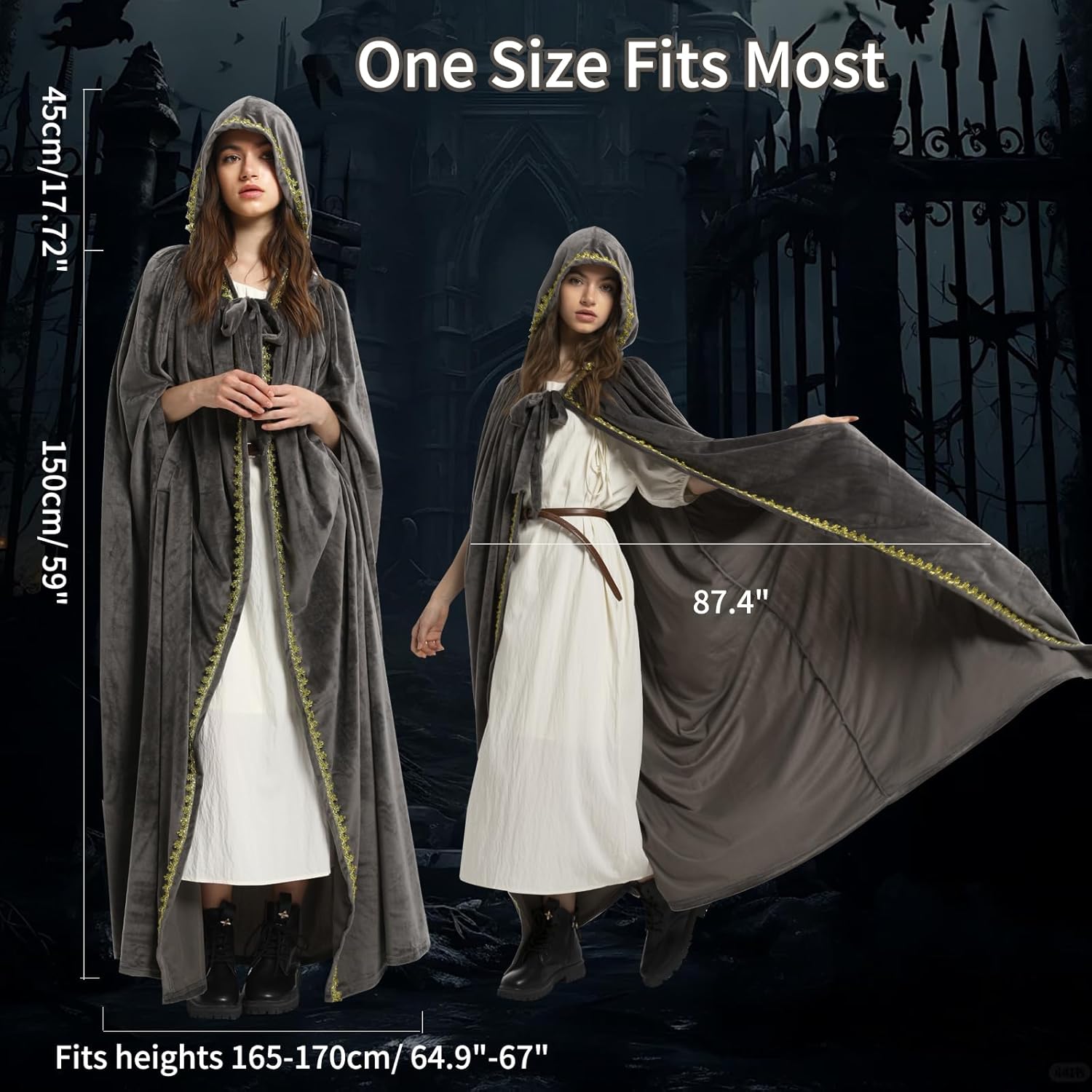Charm&Cstay Renaissance Cloak with Hood for Women, Plus Size Velvet Hooded Cloak for Women, Medieval Cape for Halloween - Image 5