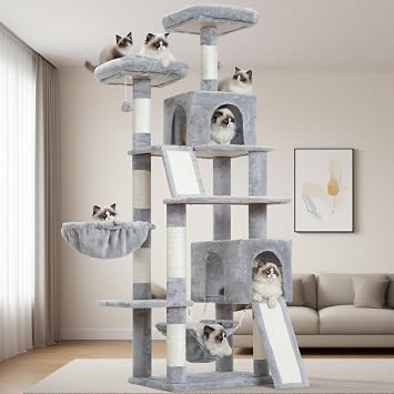 Gitelsnour GCT032W Indoor Cat Scratching Post 180 cm Cat Scratching Post with Large Adult Cats 2 Scratching Boards 7 Scratching Posts 2 Plush Platforms 2 Cat Caves Light Grey