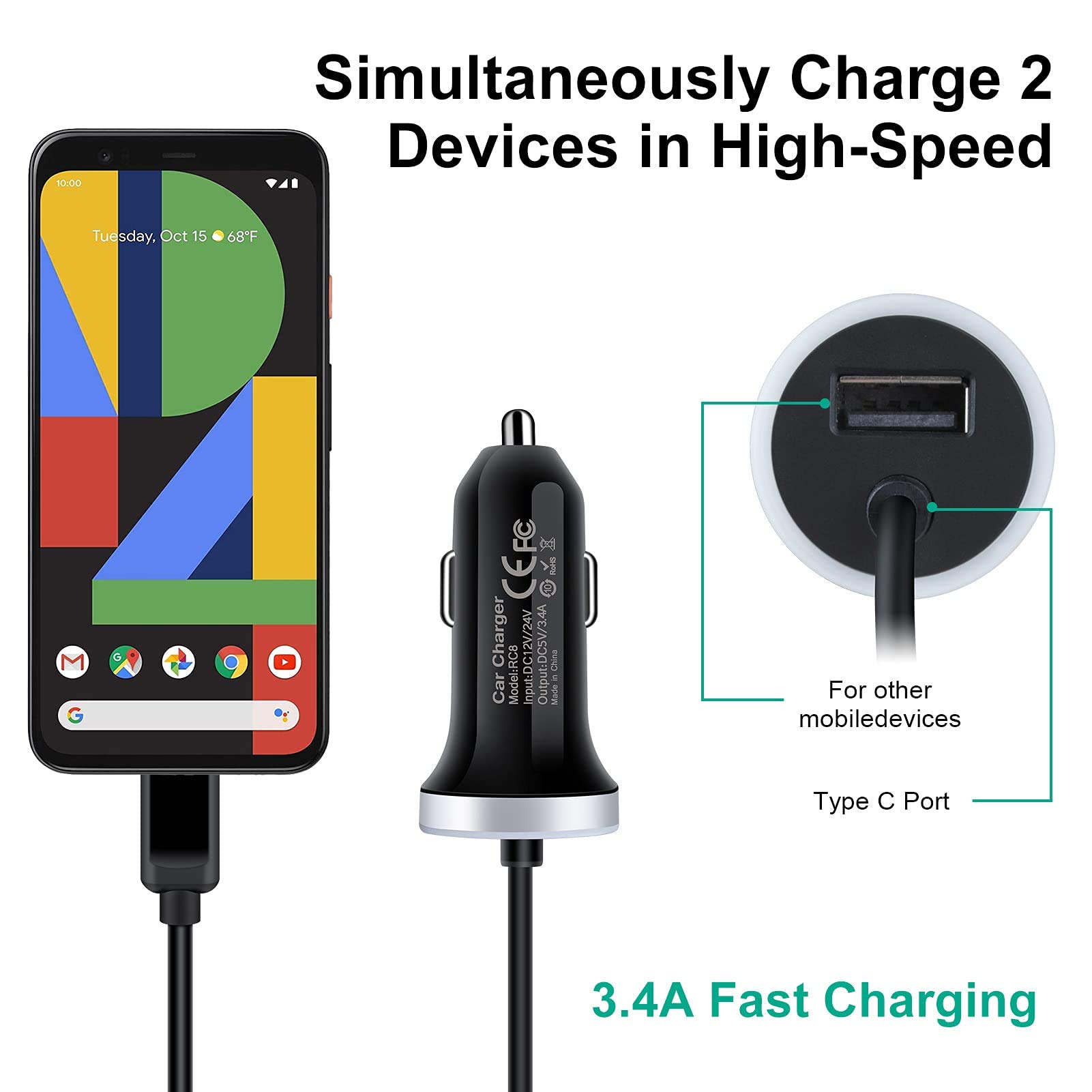 Cargador de Coche USB C 66W, Cargador de Coche USB C PD&QC3.0 Adaptador  Toma Encendedor USB C Carga rápida Cargador Coche móvil con Cable para  Samsung Galaxy S22 S21 S20, iPhone,Xiaomi 