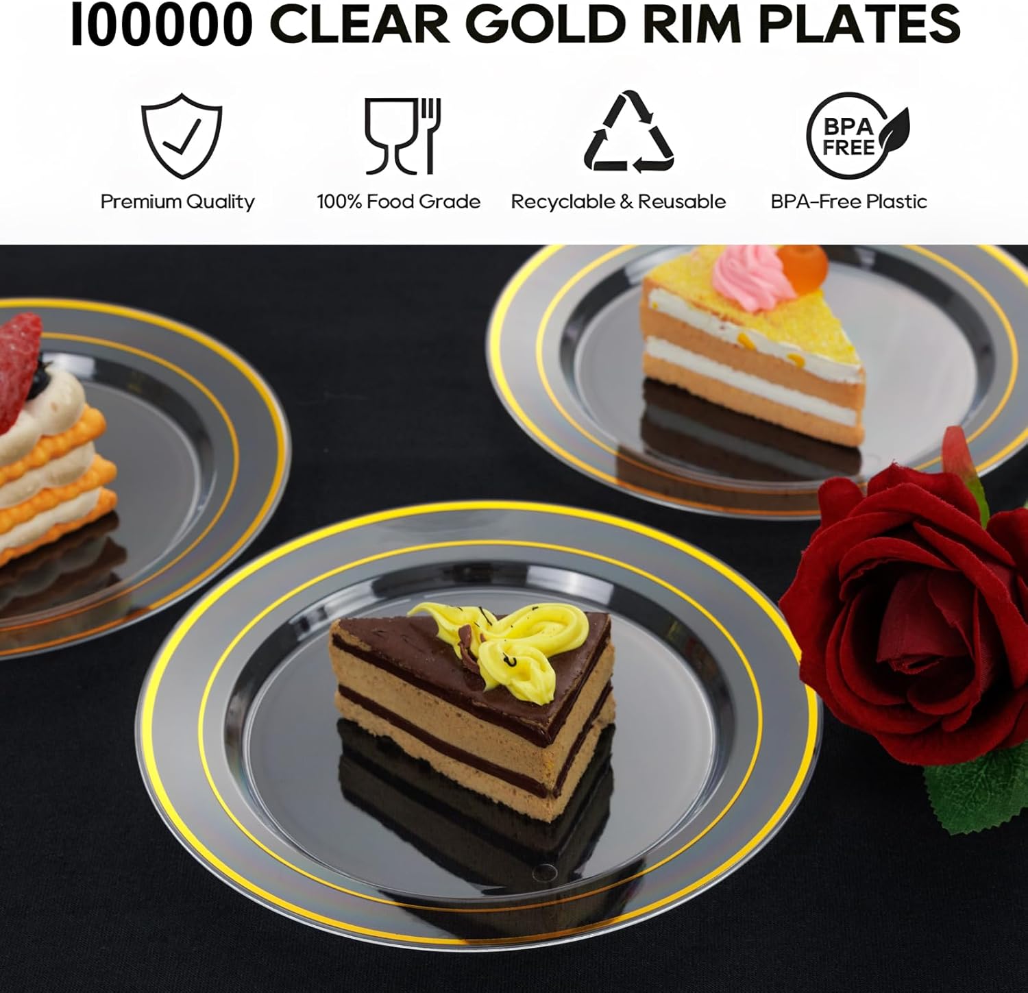 I00000 600Pcs Clear Gold Plastic Plates for 100 Guests, Plastic Dinnerware Set of 100 Gold Disposable Plates, 100 Dessert Plates, 200 Forks, 100 Knives and 100 Spoons Perfect for Party & Wedding - Image 8