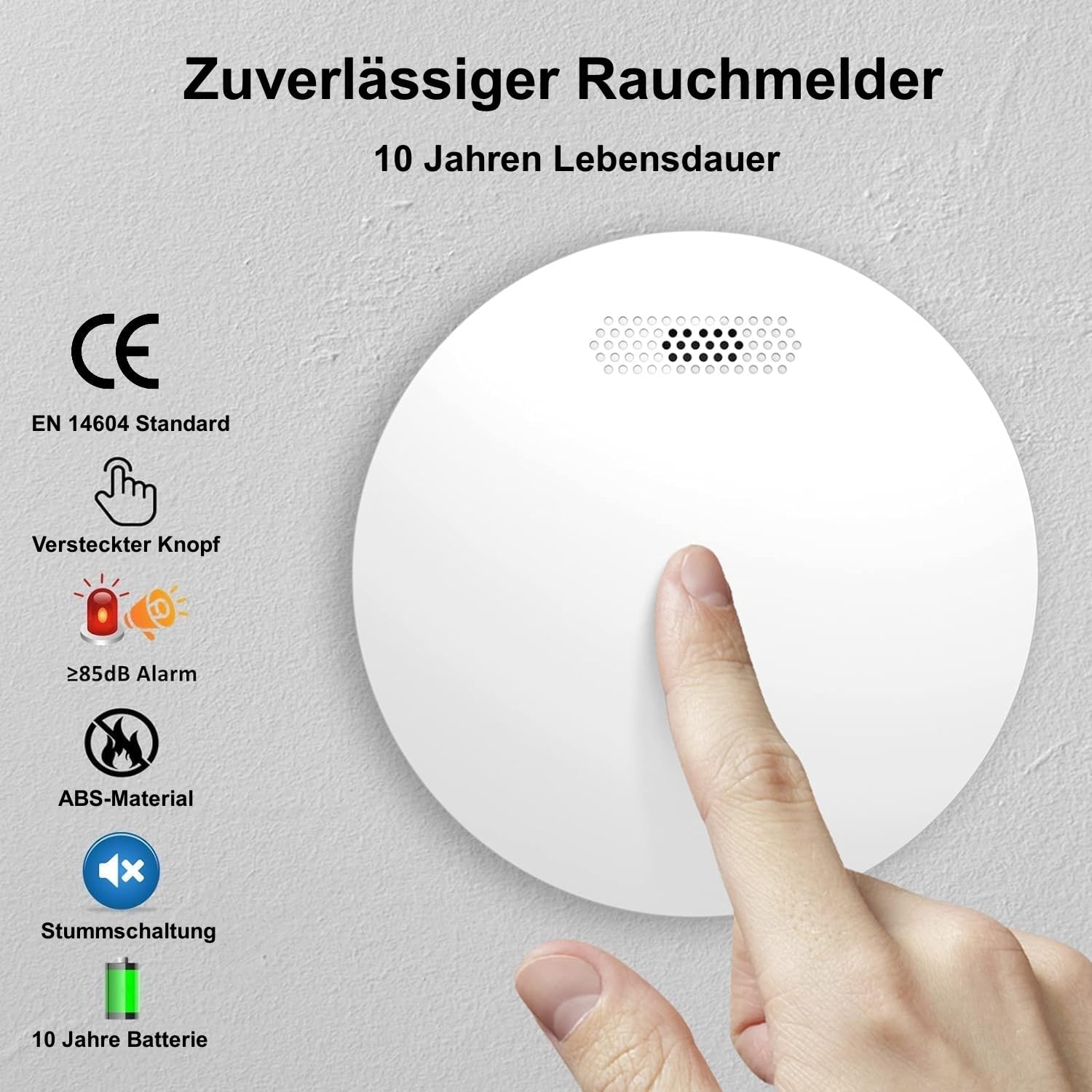 Rauchmelder 10 Jahre Batterie 5er Set, TÜV Rheinland Zertifiziert, 85dB Alarm, Stumm-Funktion