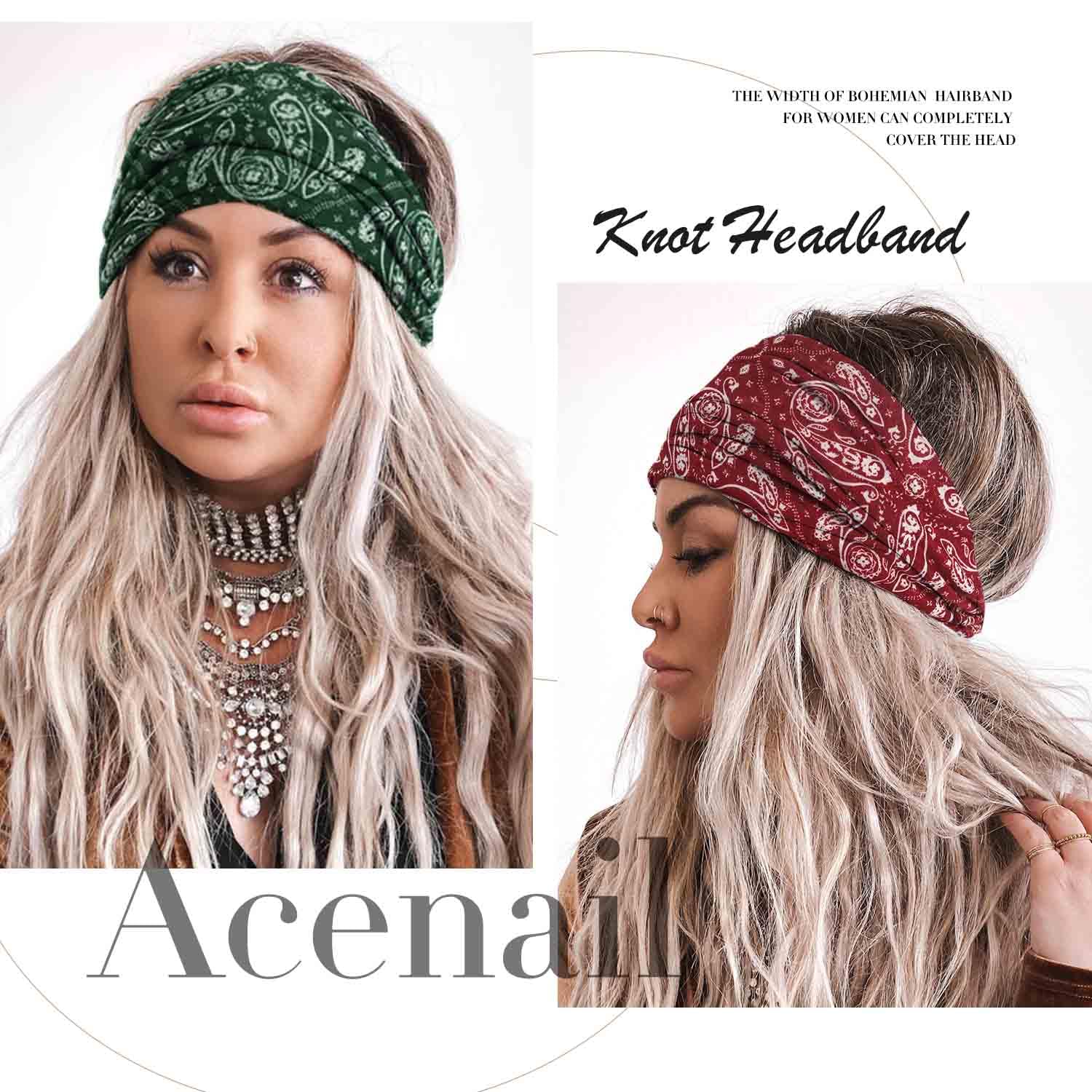 Acenail Diademas anchas para mujer, turbante bohemio, anudada, floral, elástica, antideslizante, para entrenamiento, yoga, bufandas, accesorios para el cabello de moda para mujeres y niñas, 4 piezas