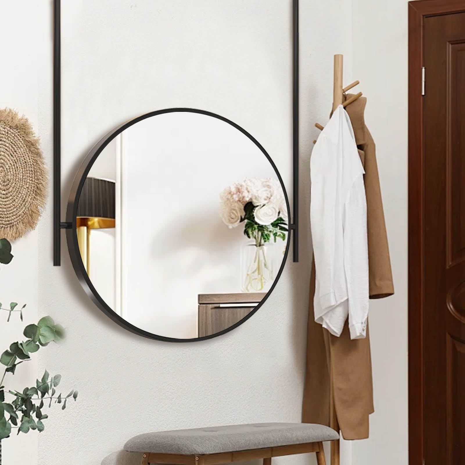 Okrągłe lustro ścienne z metalową ramą i wysięgnikiem, dekoracyjne lustro wiszące do łazienki w przedpokoju, wiszące lustro sufitowe(Diameter-70CM/27.6INCH)