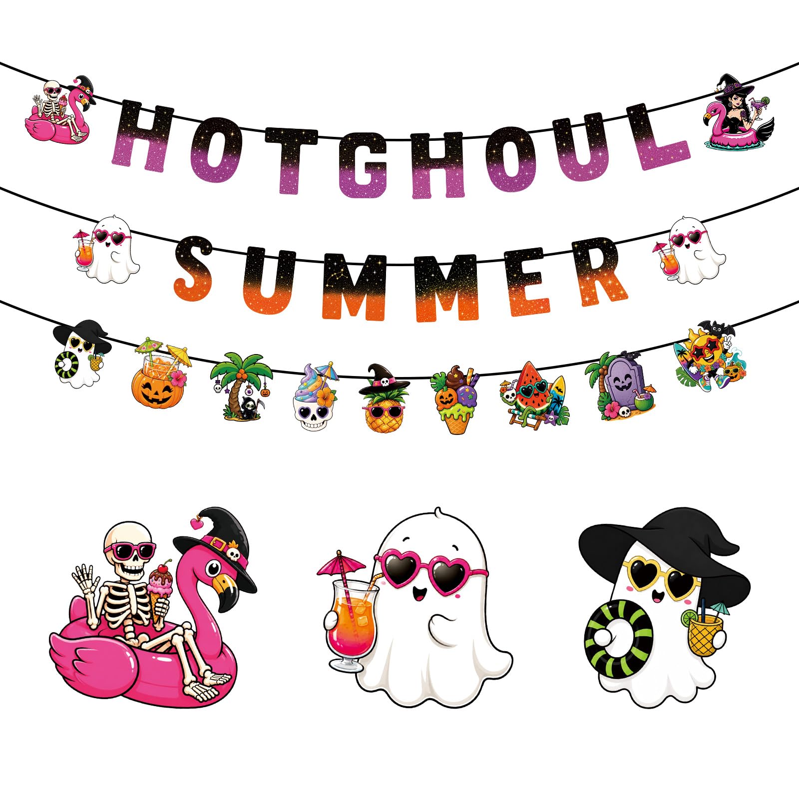 3 Strings Hot Ghoul Summer Banner, Summerween Summer Solstice Ghost Birthday Bunting Tropical Birthday Party Colorful Glitter Decorations for Halloween Pool Beach Party Decorations Supplies Favors