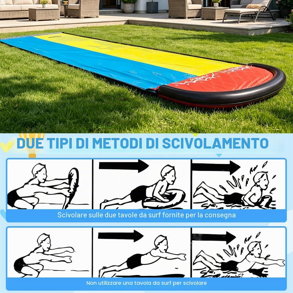 Scivolo ad Acqua, 600 x 140cm Scivoli d'Acqua Doppio, Scivolo Acquatico Giardino con 2 Bodyboards, irrigatore, per i Giochi d'Acqua Estivi in Giardino, All'aperto o sul Prato