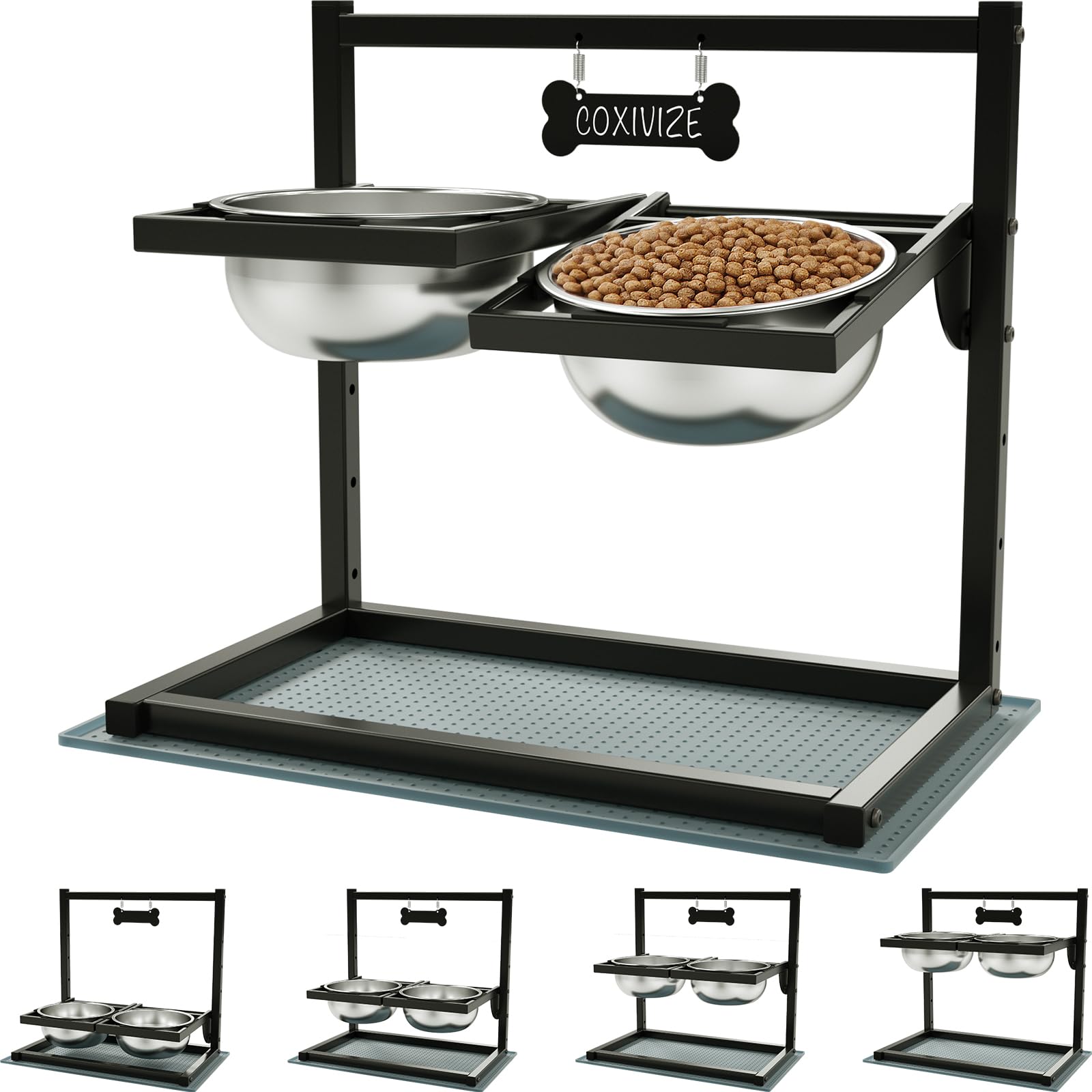 Comedero para perros elevado con 4 ajustes de altura y 10° de inclinación: 2 cuencos para perros de acero inoxidable y alfombrilla antigoteo, comedero para perros, medianos y grandes