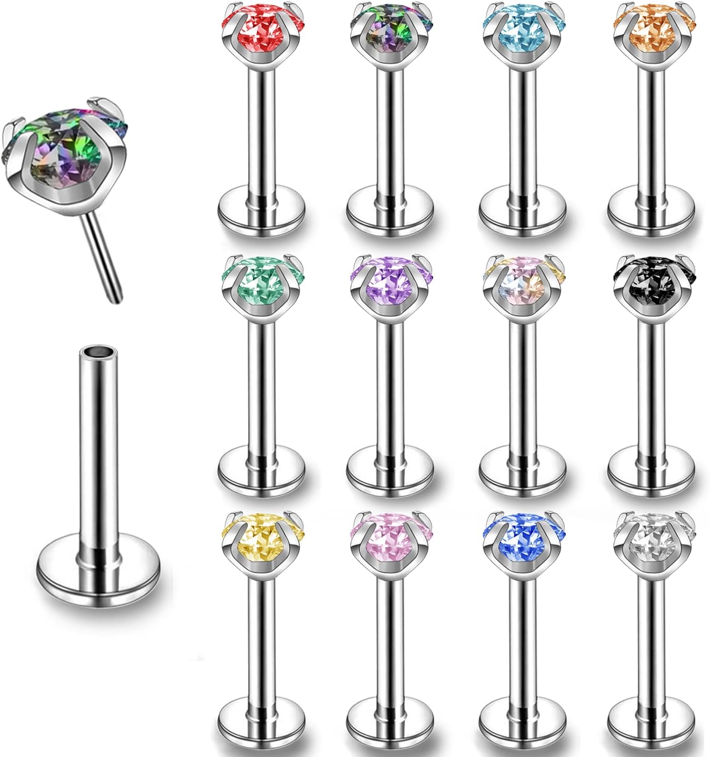 ZS 16G Stainless Steel Pushin Lip Rings, Colorful CZ Forward Helix Earring, Length 6/8/10mm Labret Monroe Medusa Piercing Jewelry for Women Men