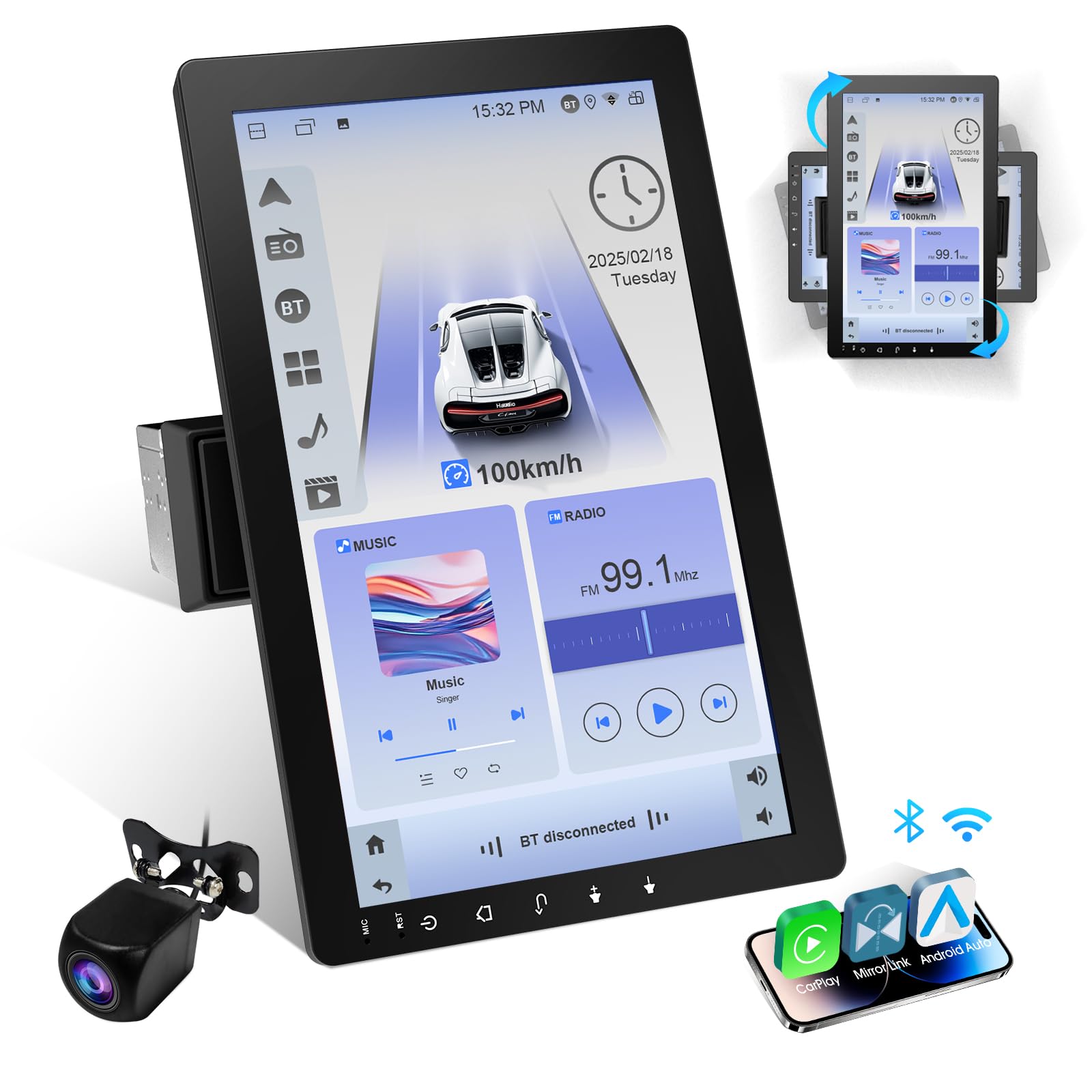 Radio de Coche Giratoria 360°, Estéreo Bluetooth 1 DIN Carplay Inalámbrico y Android Auto, Pantalla IPS de 10.1 Pulgadas Car Play con Mirror Link,Control por Voz,RDS/FM/Am, Cámara Trasera 720P