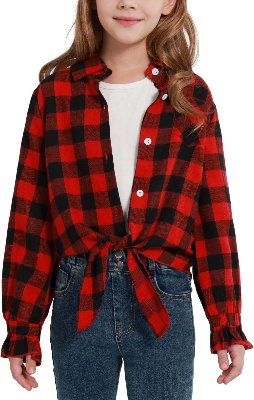 Girls Long Sleeve Flannel Plaid Shirt Casual Button Down Shirts Tie Front Collared Blouse Tops (5-12 Years)