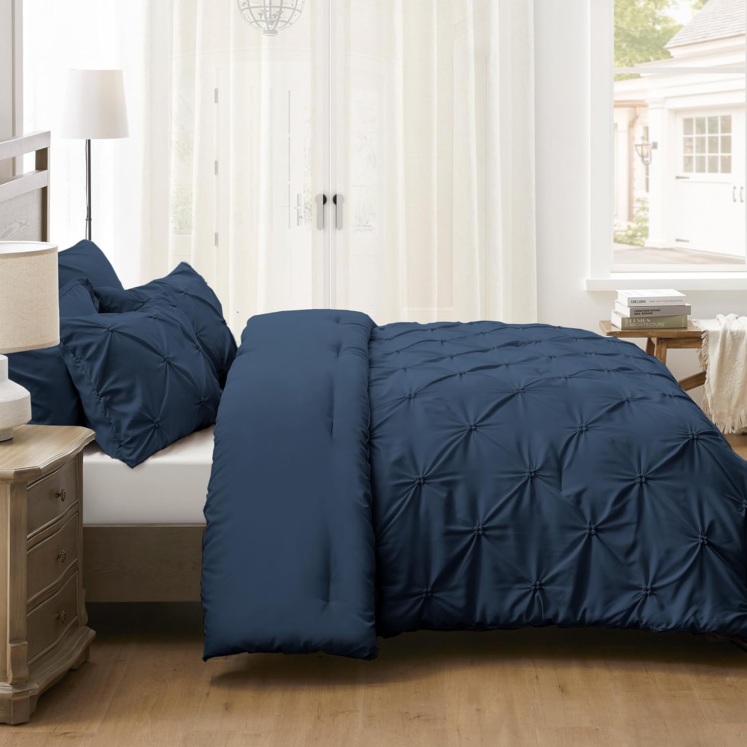 UNIKOME Queen Comforter Set Navy/Royal Blue - Ultra Soft Boho Pintuck Down Alternative Bedding Set for All Seasons, 3 Pieces Lightweight Warm Pinch Pleat Bed Set with Comforter, 2 Pillowcases - Image 8