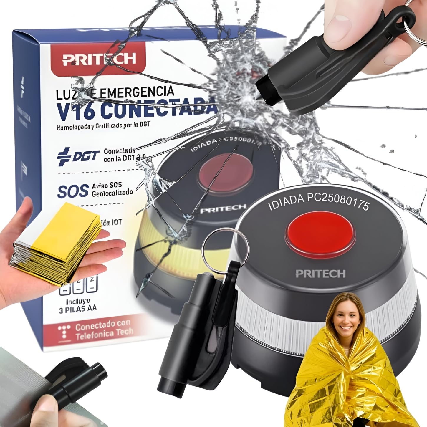 Baliza V16 Homologada DGT con Manta Térmica y Martillo de Emergencia