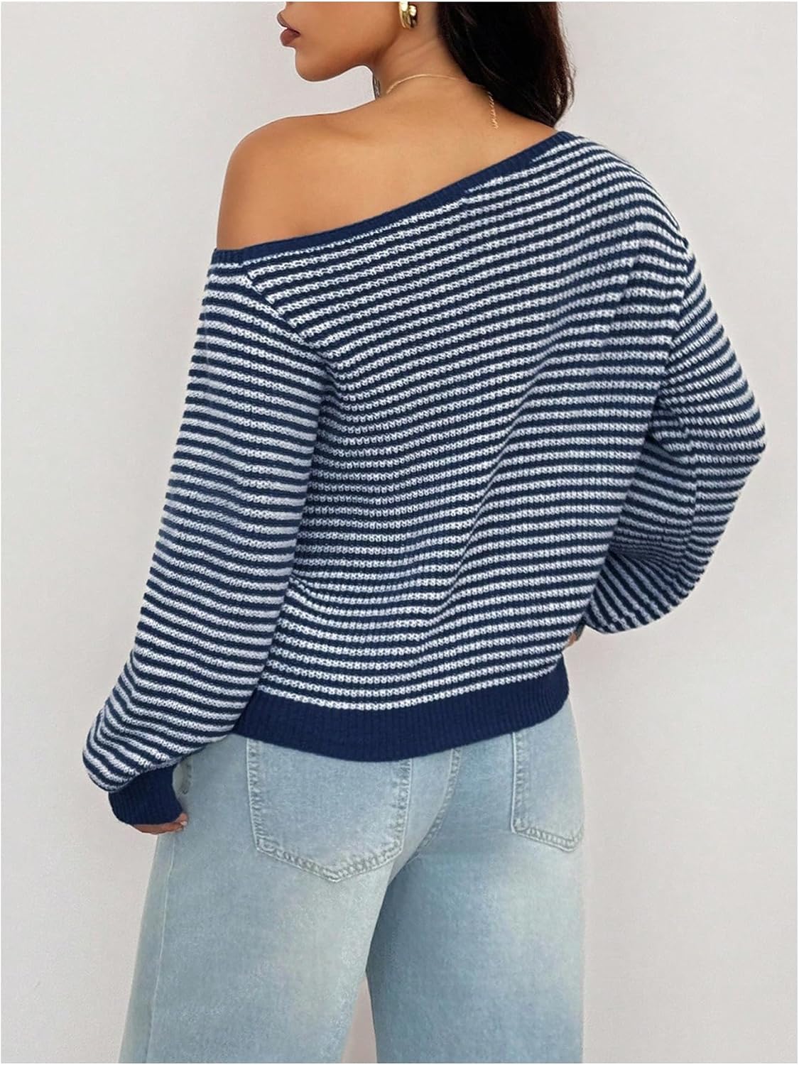 SHENHE Women's Off Shoulder Striped Sweater Casual Long Sleeve Knit Pullover Tops - Image 2