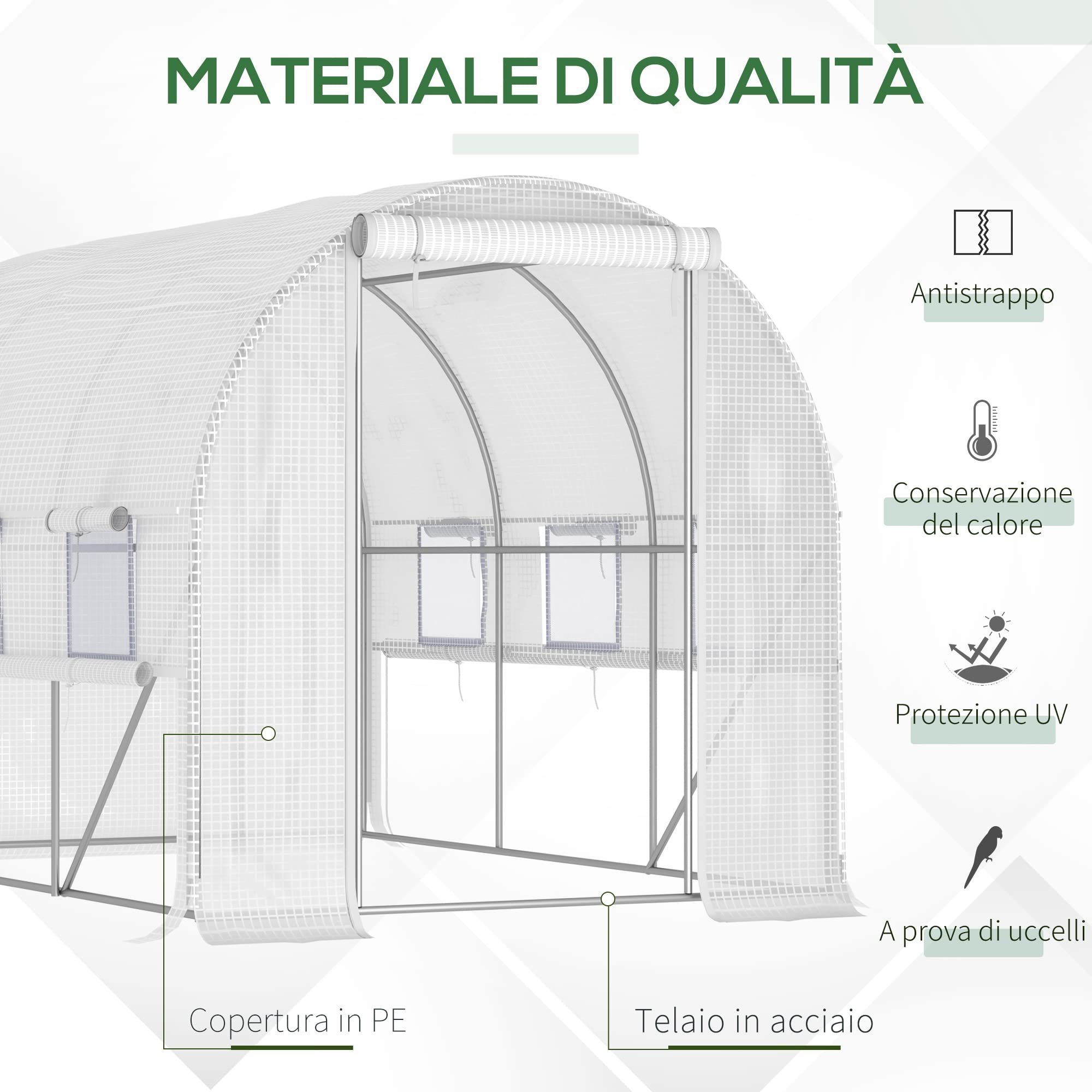 Outsunny Serra da Giardino a Tunnel 3x2x2 m con Porta Avvolgibile e 6 Finestre a Rete, Serra per Orto con Struttura in Acciaio e Copertura PE, per Orto Verdure Fiori Frutta, Anti UV, Bianco