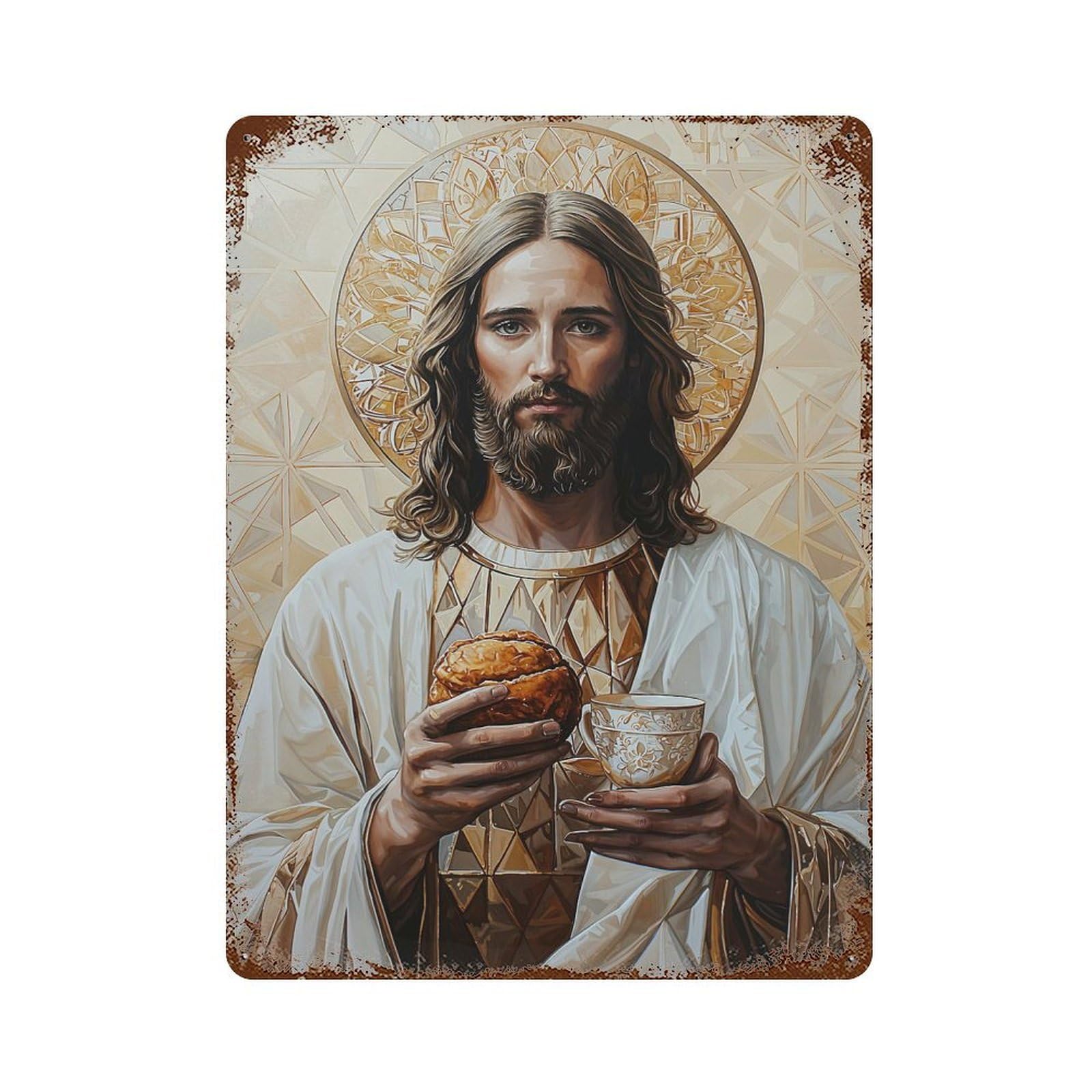 Jesus with Bread And Chalice Aged Metal Wall Plaque 15.7"x11.8", Industrial Home Decor for Pub, Kitchen And Man Cave Decor