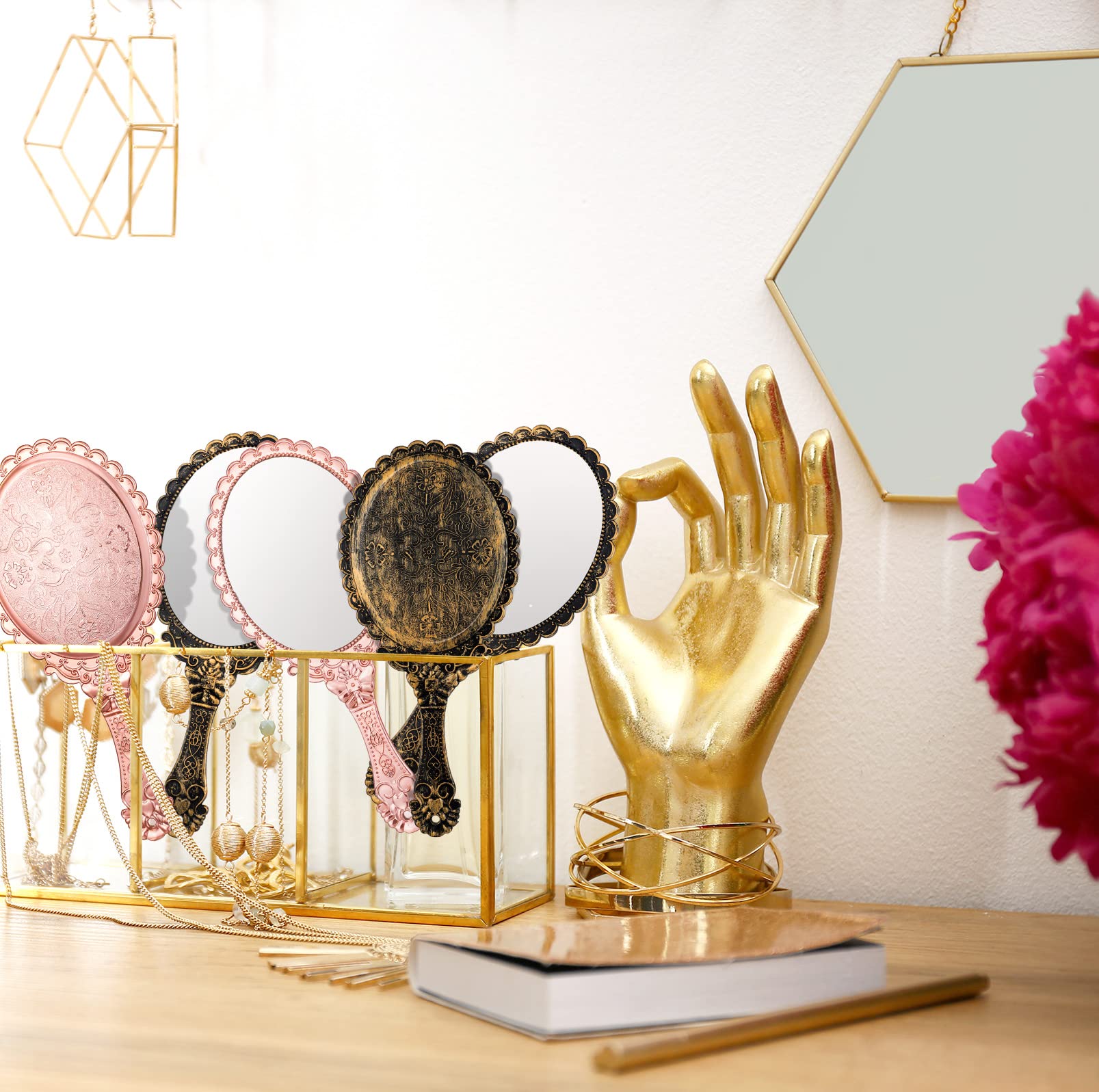 Specchio portatile vintage a mano, con manico, specchio compatto per il trucco per donne e ragazze, da viaggio (vintage, oro rosa)