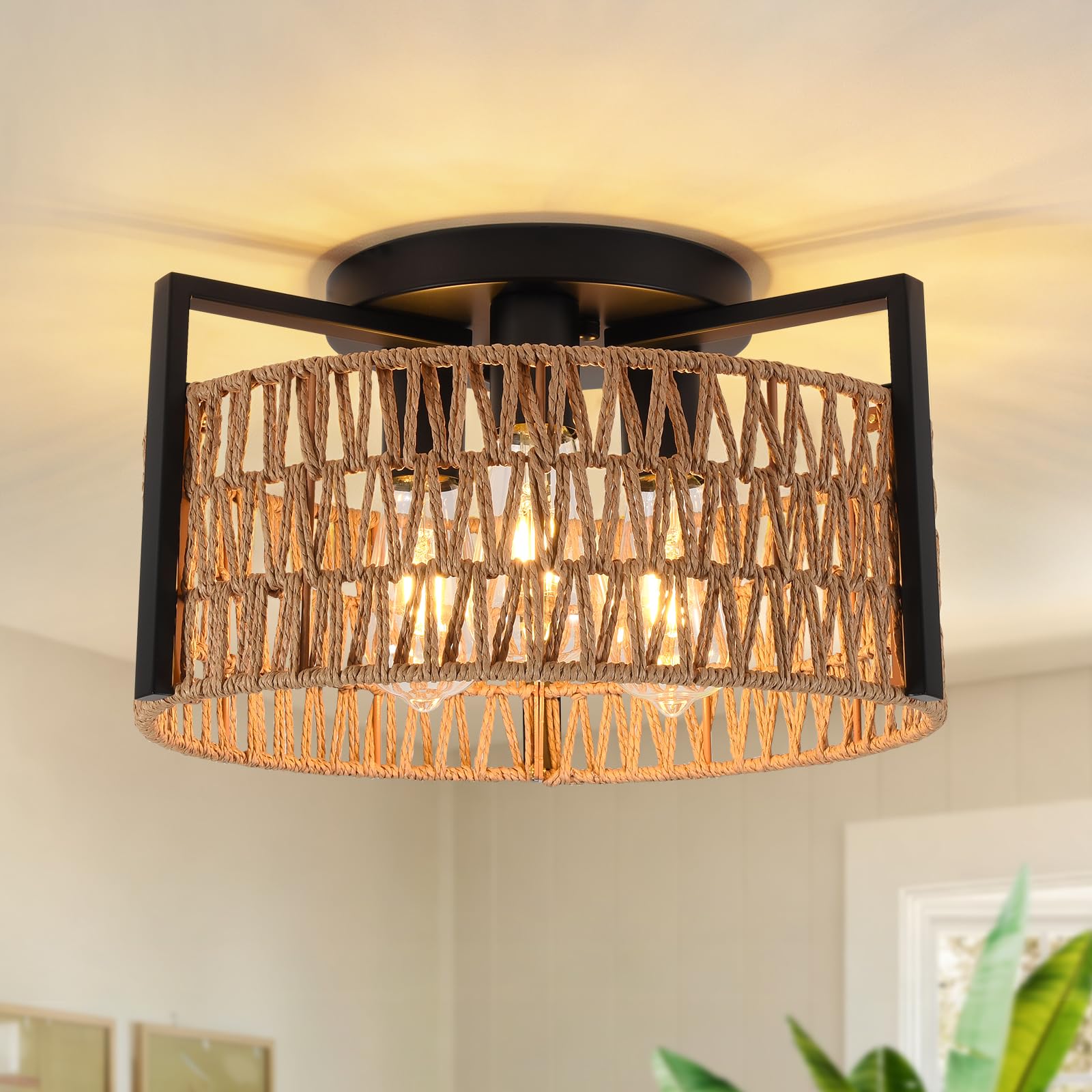 3-Light Black Ceiling Light for Living Room, Wicker Rattan Shade, Boho, E27