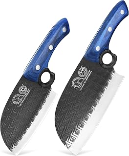 XYJ 2-Piece Cleaver Knife Set, 6 Inch & 7.5 Inch Full Tang High Carbon Steel Butcher Knives with Finger Hole & Pakkawood Handles, Multipurpose Kitchen Chopping Knives for Home & Commercial Cooking