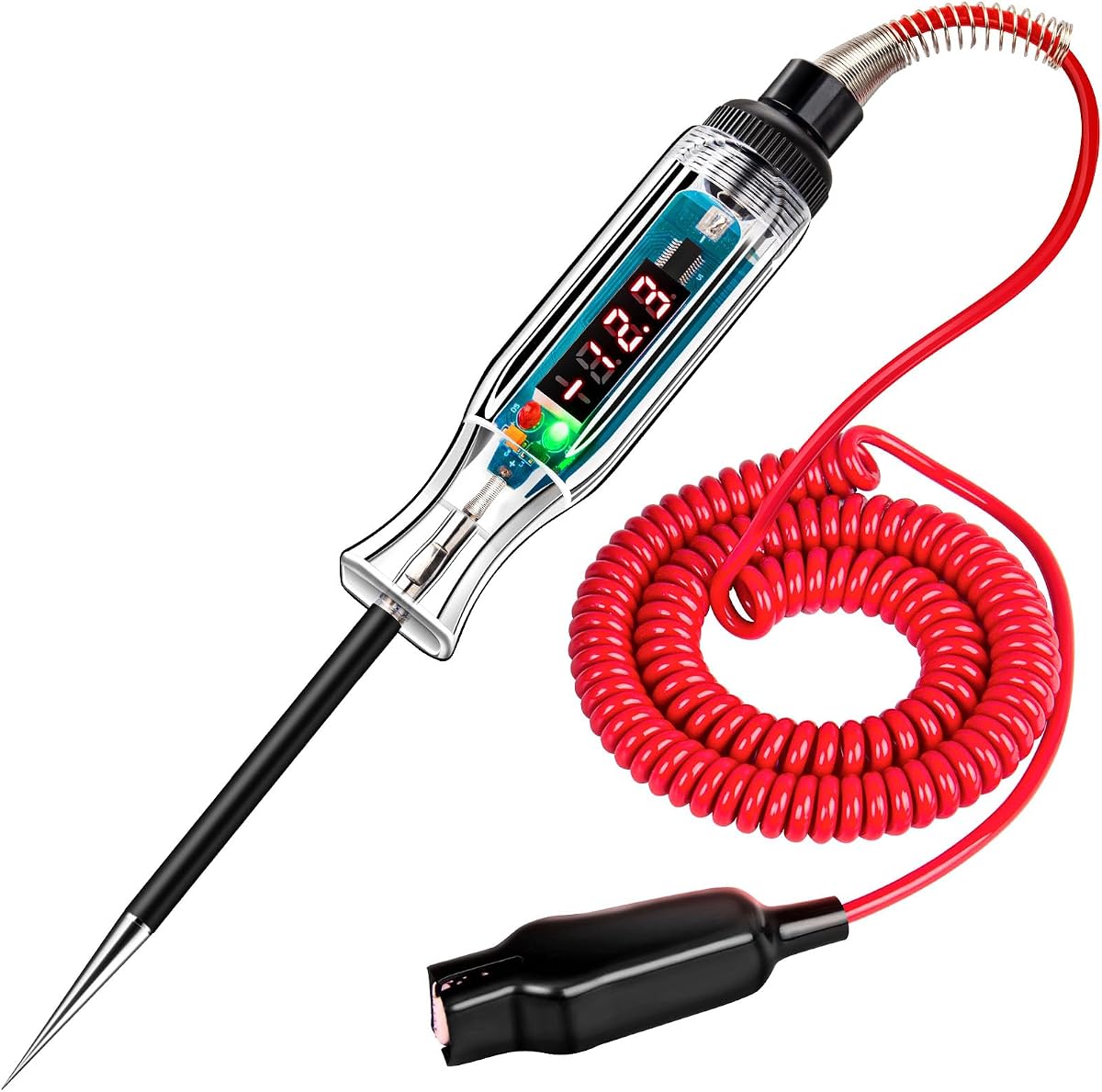 Probador de circuito automotriz LED digital premium, luz de prueba CC 2,6 V-32 V con cable de resorte extendido de PU portátil, probador de luz de bajo voltaje de circuitos de vehículos con sonda de acero inoxidable afilada