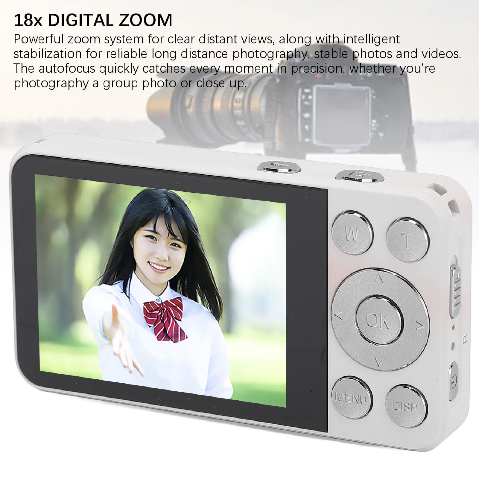 Cyfrowy Aparat Fotograficzny, 6400 W 4K Student Selfie Video Cyfrowa Kamera HD z 18-krotnym Zoomem i funkcją zapobiegającą Drganiom, Automatyczne Ustawianie Ostrości, dla (WHITE)