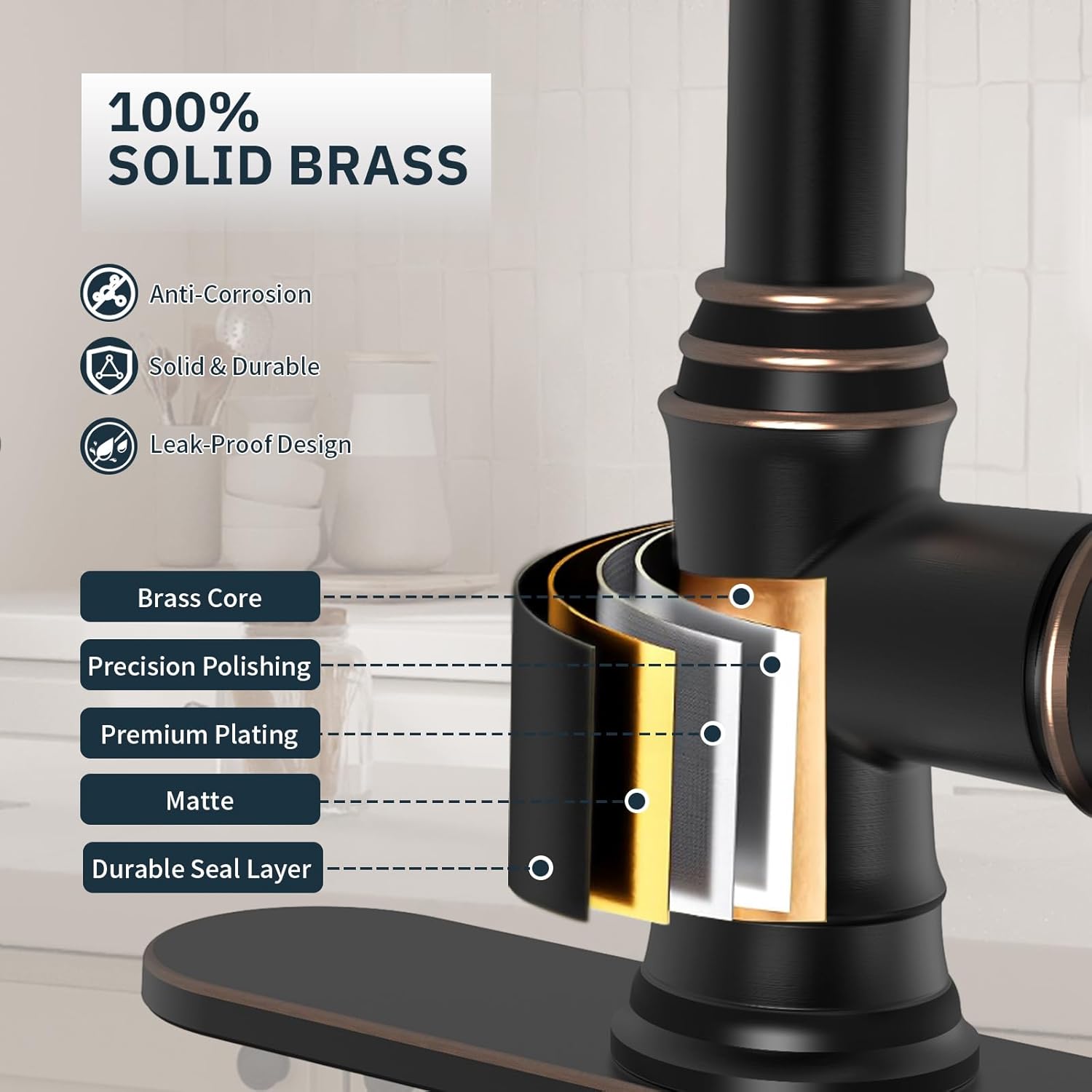 BWE Solid Brass Kitchen Faucet, Oil Rubbed Bronze Kitchen Sink Faucet with Pull Down Sprayer, 3 Spray Modes, Single Handle High Arc, with Deck Plate, Commercial/Farmhouse/Bar Sink Faucet