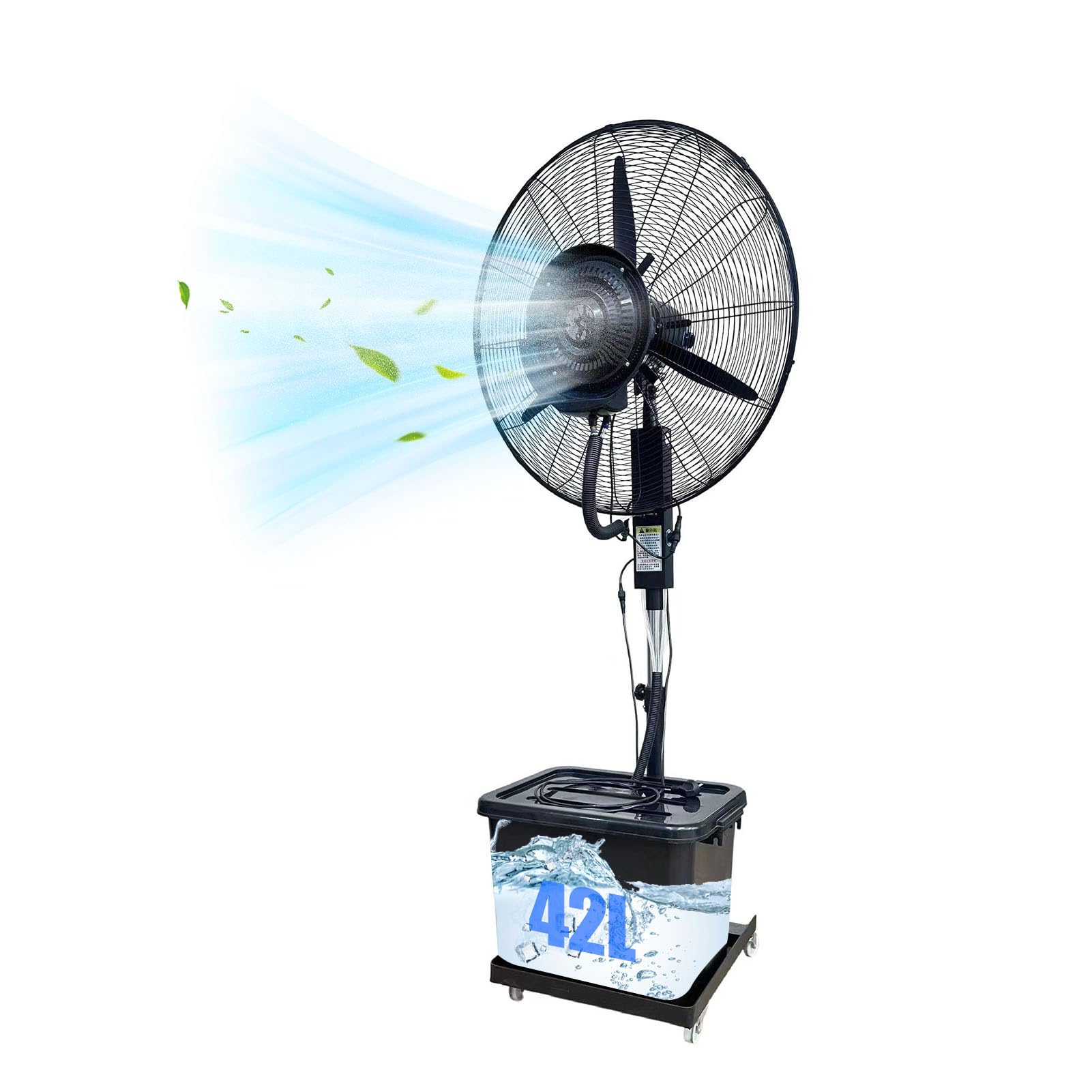 Ventilador Nebulizador Industrial de Pie con Dep贸sito de Agua de 42L, 3 Velocidades, Altura Ajustable, Alcance de 7~8m, Ventilador Oscillante para Almacenes y Grandes Espacios