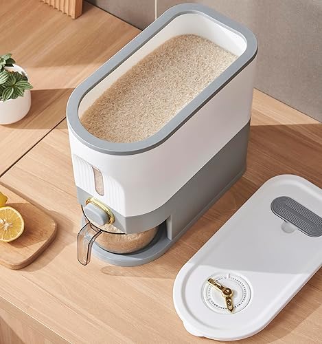 Miniatura 3 de Sooyee Contenedor de arroz de 11 libras, contenedor de grano grande con tapa, cilindro de medición a prueba de humedad, cubo dispensador de cereales