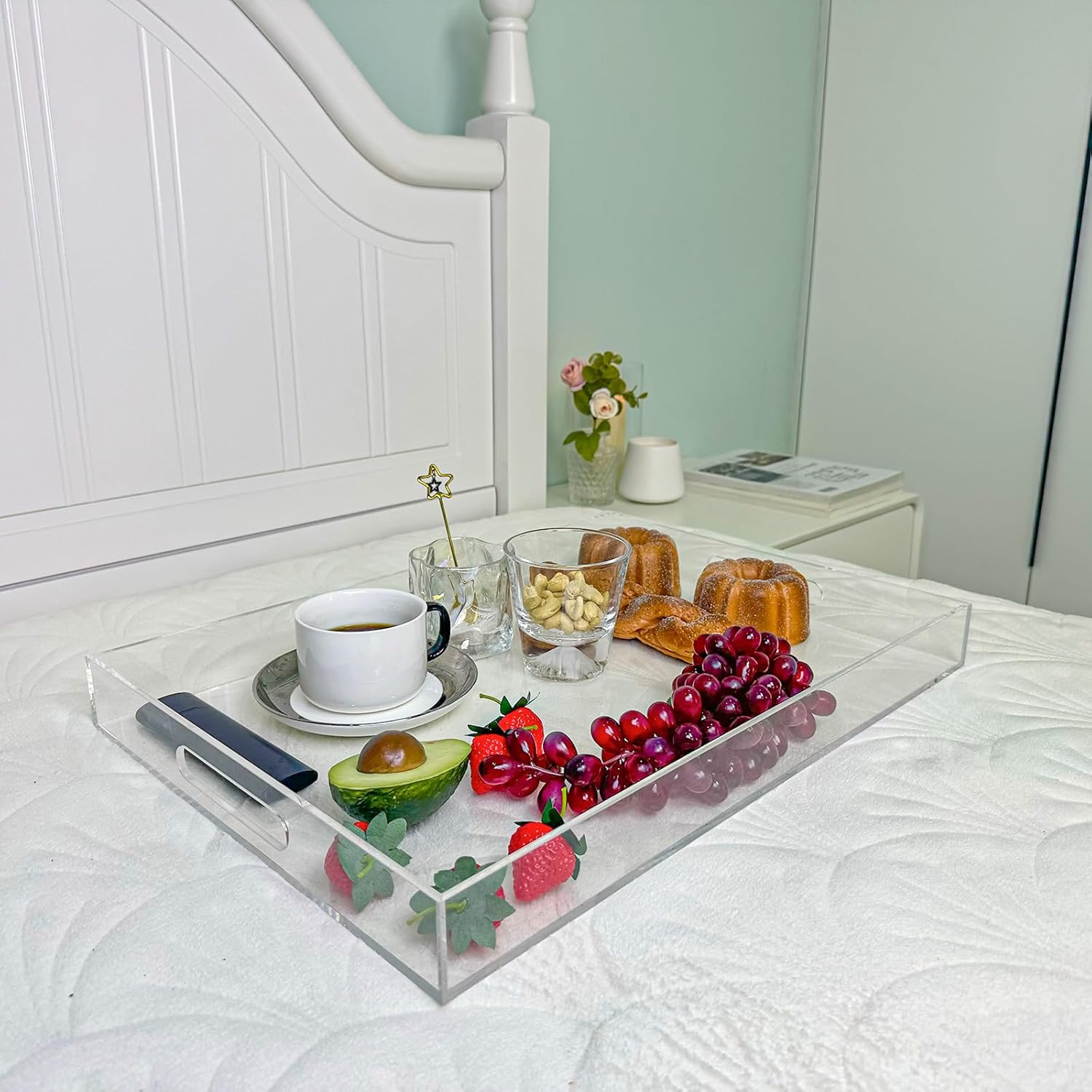 Clear Rectangular 14x20 Inches Acrylic Ottoman Tray Decorative Serving Tray with Cutout Handles Organizer Tray on Coffee Table Countertop Big Breakfast Bed Tray Living Room Appetizer Serving Food - Image 4