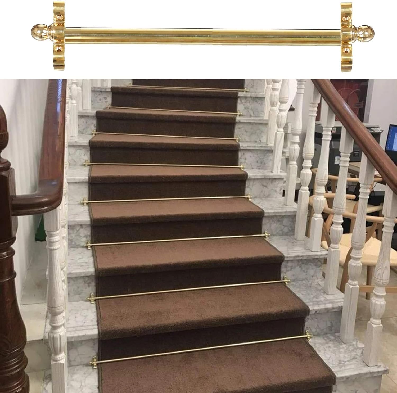 CGCSYZ Stair carpet lever, shiny brass stair carpet fixings with round finials, stair carpet press bar (12 Pcs 90cm (36inch))