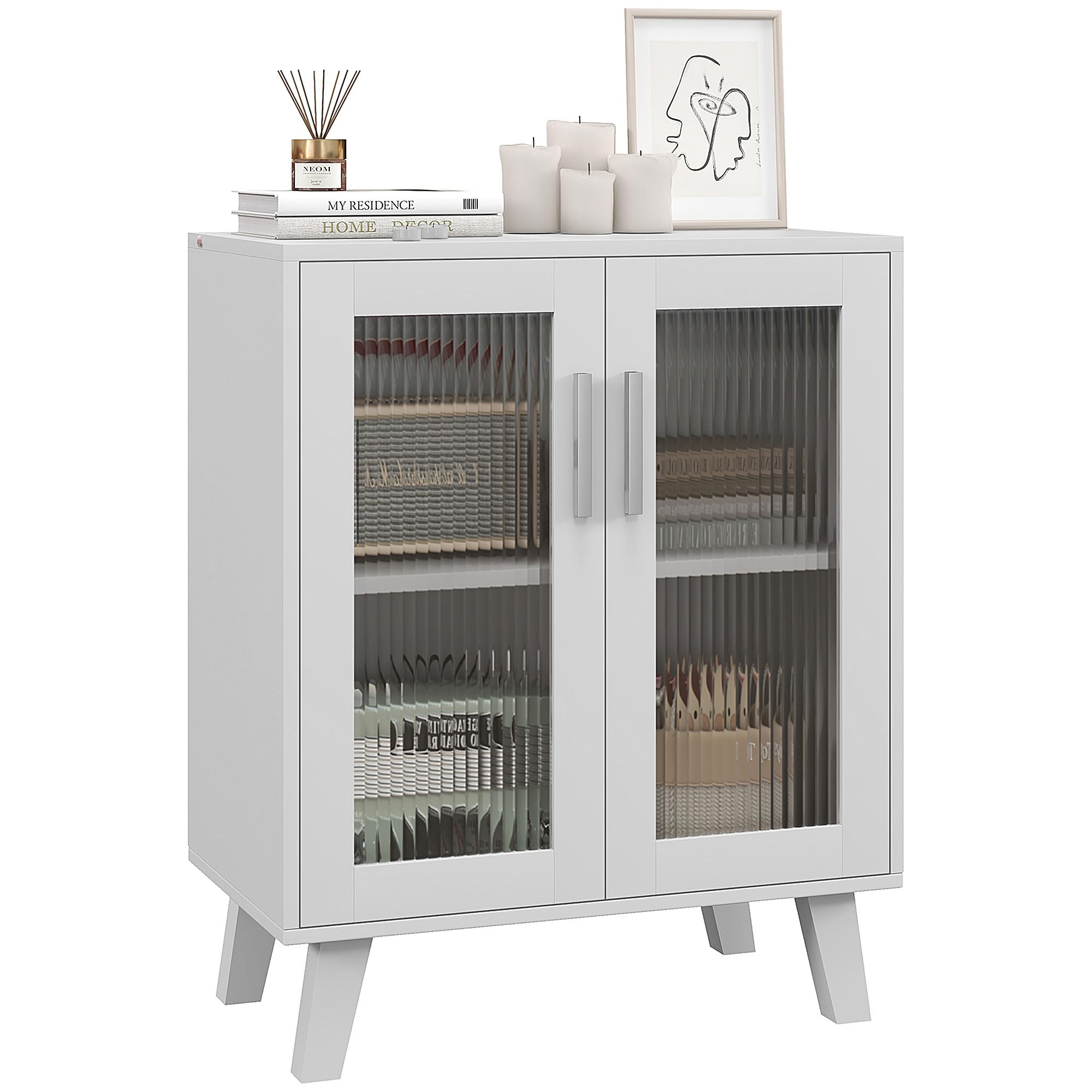 HOMCOM Aparador de 2 Puertas, Aparador de Salón con 2 Estantes, Puertas Transparentes, para Cocina, Entrada, Dormitorio, Blanco, 61x35x75 cm