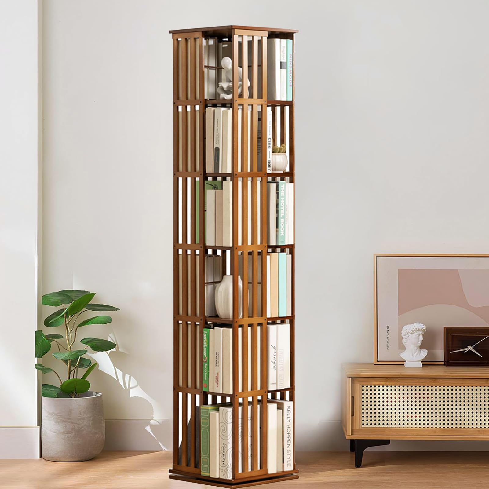 Libreria girevole in bambù a piani girevole a 360° con vetrina angolare, scaffale per libri e decorazioni, scaffale per bambini e adulti, libreria multifunzionale (6 strato)