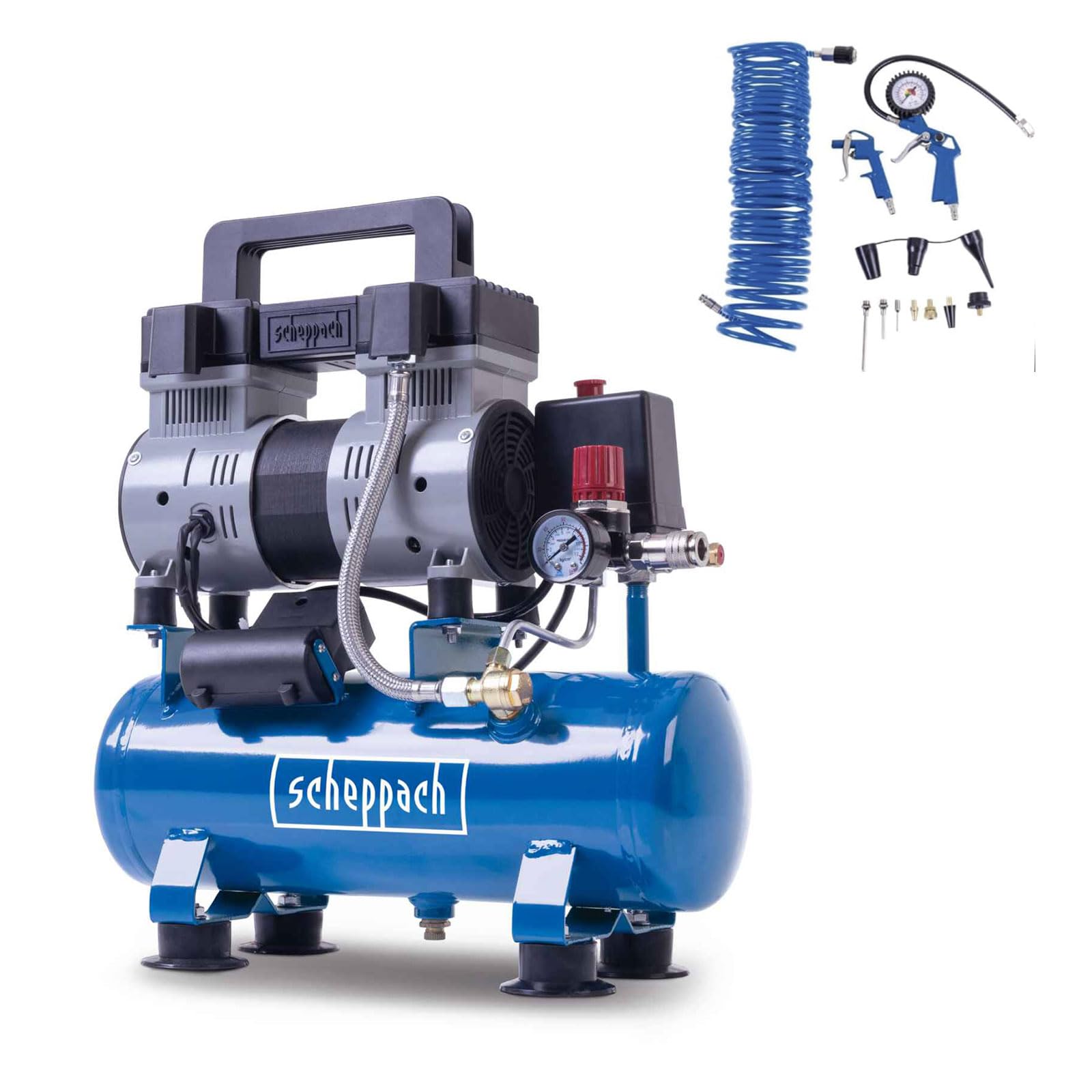 Scheppach HC08Si Ultra Silent Kompressor klein inkl. 14-tlg Zubehörset | 8bar Arbeitsdruck | 6L Kessel | 1,5PS / 1100W | ölfrei & wartungsarm | Ansaugleistung 162 L/min | Leise Kompressor 67,4 db(A)
