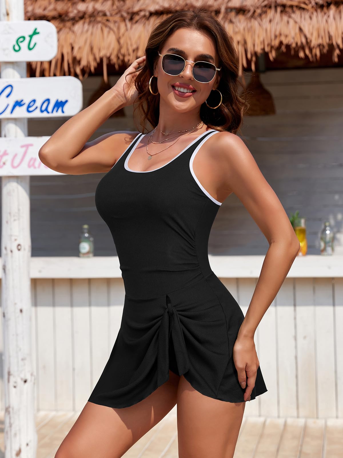 SHEKINI Costume da Bagno da Donna Un Pezzo con Controllo Pancia Abiti da Bagno Cravatta Nodo Colore Blocco costolato Costume
