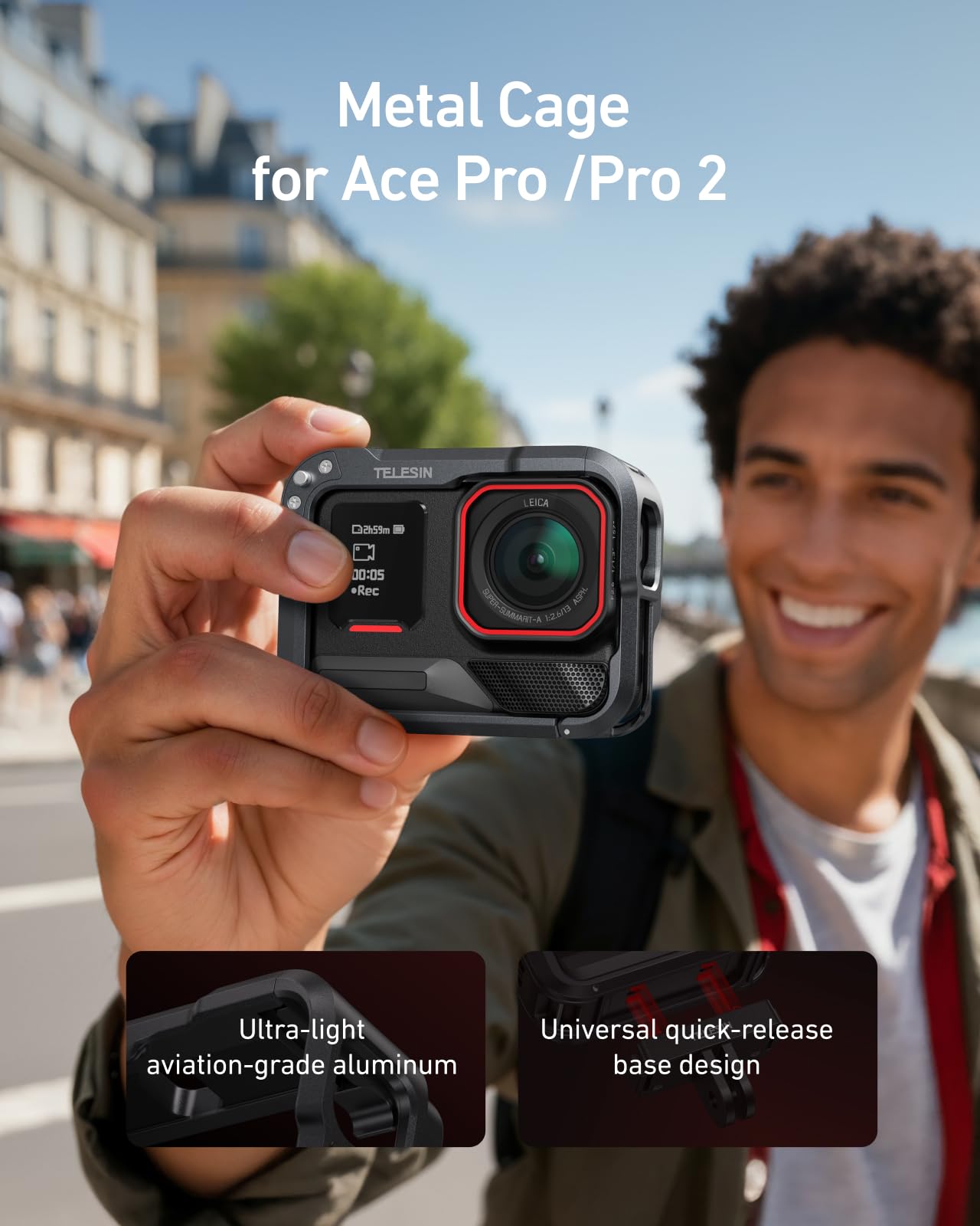 TELESIN Cage Protectrice en Aluminium pour Insta360 Ace/Ace Pro 2, Boîtier Léger Quick-Release avec Vis 1/4" et Cold Shoe, Accessoires Insta360, Protection CNC pour Vlog et Vidéo