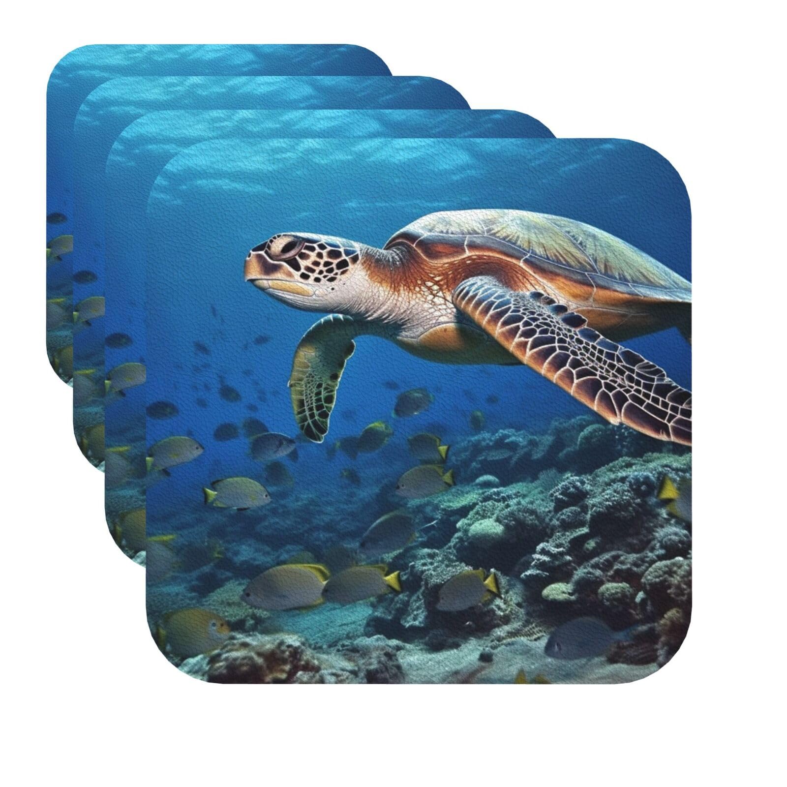 Drink Coasters Set of 4 Quick-Dry Leather Coaster Sea Turtle and Fish Coasters for Drinks Coffee Cup Mat Tabletop Protection Heat Resistant Coaster for Kitchen Bar Office Home Decor