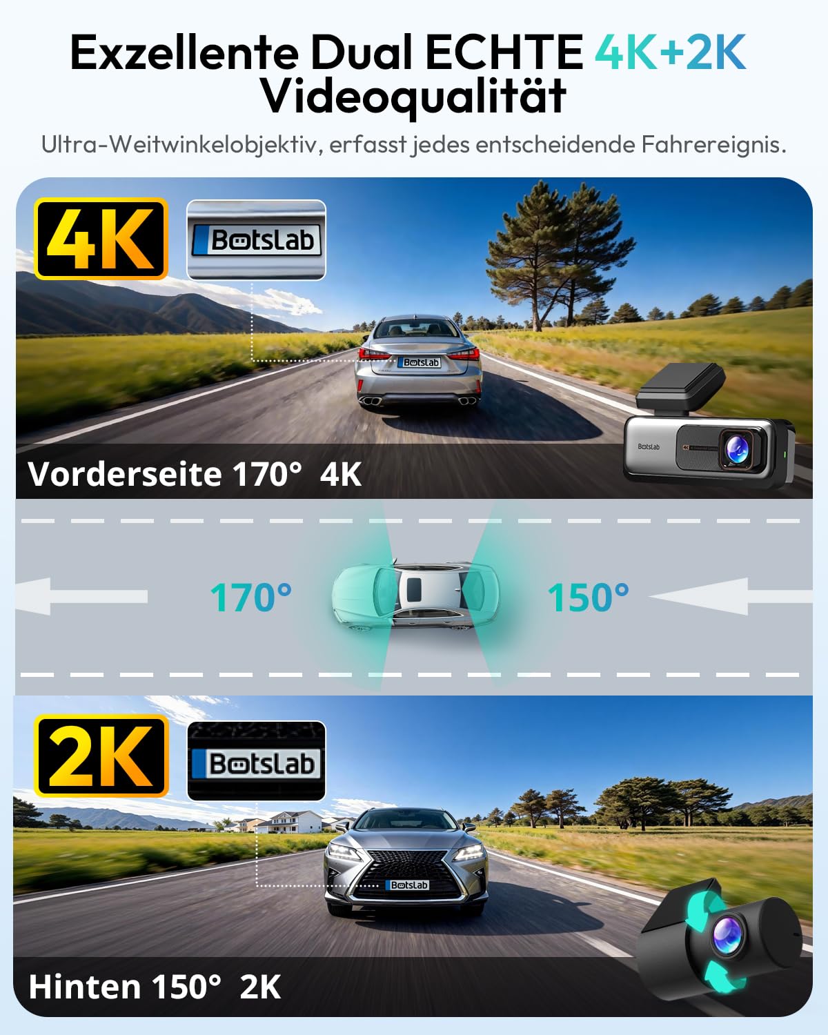 BOTSLAB Dashcam Auto Vorne Hinten 4K GPS WiFi Dual Autokamera 64GB SD Karte ADAS Nachtsicht 170° Weitwinkel WDR 2,45" IPS 24/7 Parküberwachung Loop-Aufnahme
