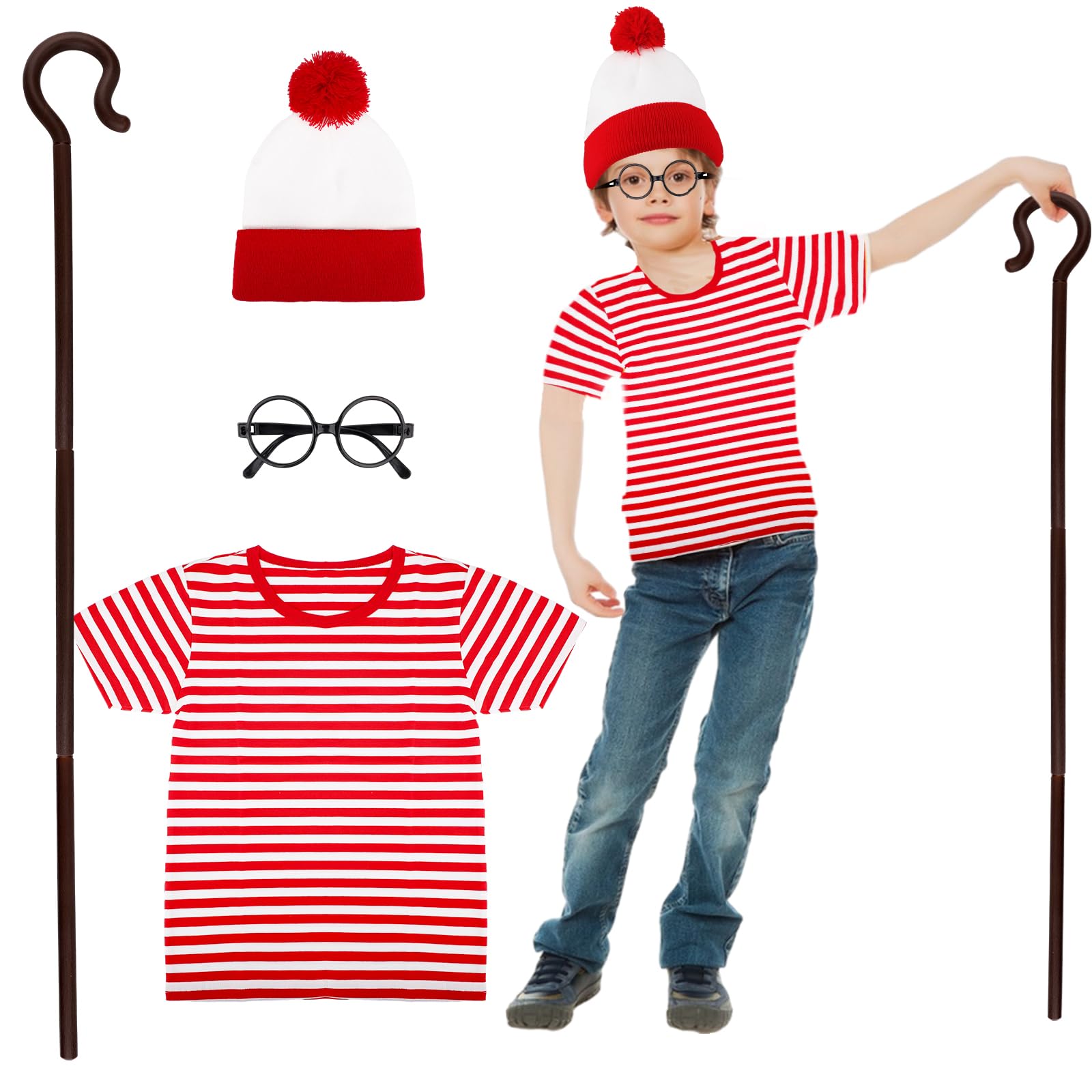 KMLGY 3PCS Red And White Costume Accessories Kids With Beanie Hat Inflatable Cane Glasses t Shirt For World Book Day Book Week Book Character Costumes For Boys Girls, 150cm