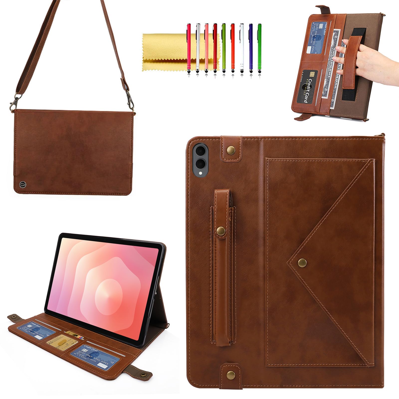 Custodia a portafoglio per Samsung Galaxy Tab S11 Ultra, in pelle PU, con scomparto per penna S e scomparti per schede, cinturino da polso e tracolla, colore: caffè