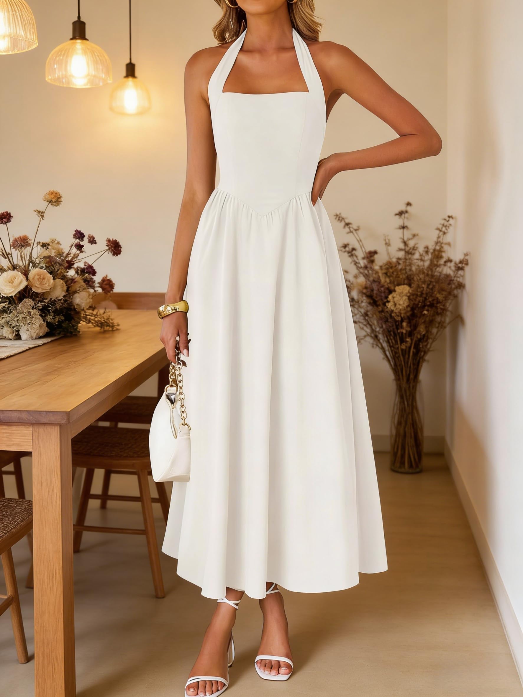 Photo 1 of 2026 Women's Summer Sleeveless Halter Midi Dress Off Shoulder High Waist Flowy Beach Wedding Guest Long Dresses White