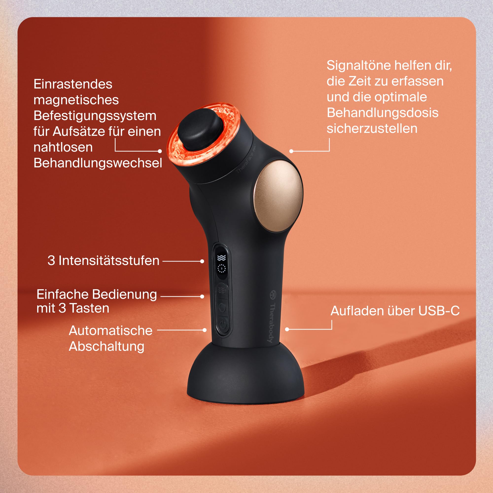 TheraFace PRO – Handgerät zur Gesichtsmassage – Kompaktes elektrisches Gerät zur Gesichts- und Hautpflege – 8-in-1-Behandlung mit Mikrostrom- und LED-Ringen – 4. Generation – Schwarz