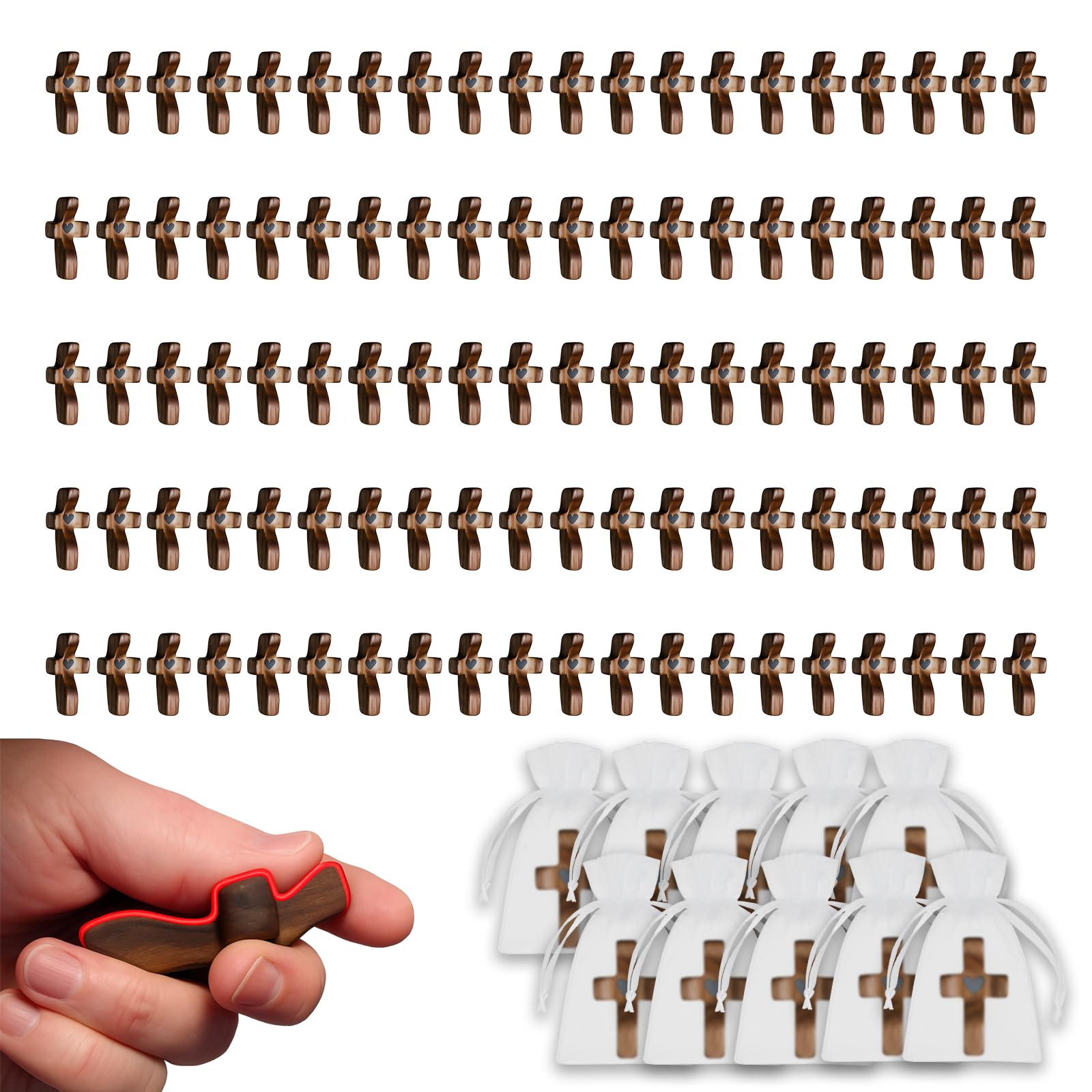 JimSeiSei 100-Pack Wooden Cross Fidget Pocket Prayer Walnut Comfort Cross for Anxiety Relief, Small Wooden Crosses Bulk Christian Gifts for Prayer, Church, Baptism &amp; Mother's Day with Organza Bags