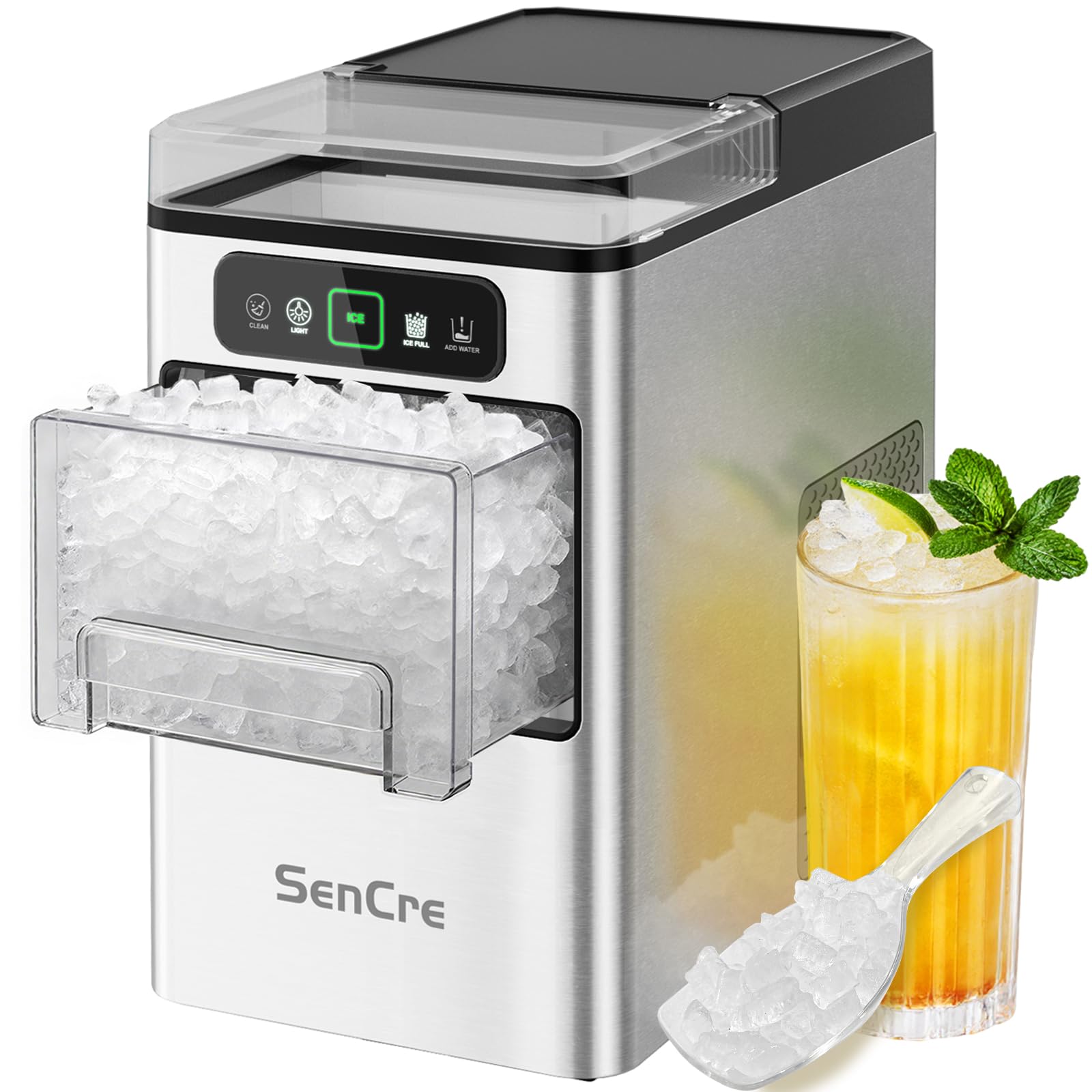 Photo 1 of SenCre Nugget Ice Maker 40lbs/Day, Countertop Ice Maker Soft Chewable Ice, Ice Makers One-Click & Self-Cleaning, Crushed Pellet Ice Machine with Scoop&Basket for Home/Kitchen/Office, Stainless Silver